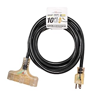 LifeSupplyUSA 12/3 10ft 3-Outlet SJTW 15A 125V 1875W Lighted End Indoor/Outdoor Black Heavy Duty Tri-Source Extension Cord (10 Feet)