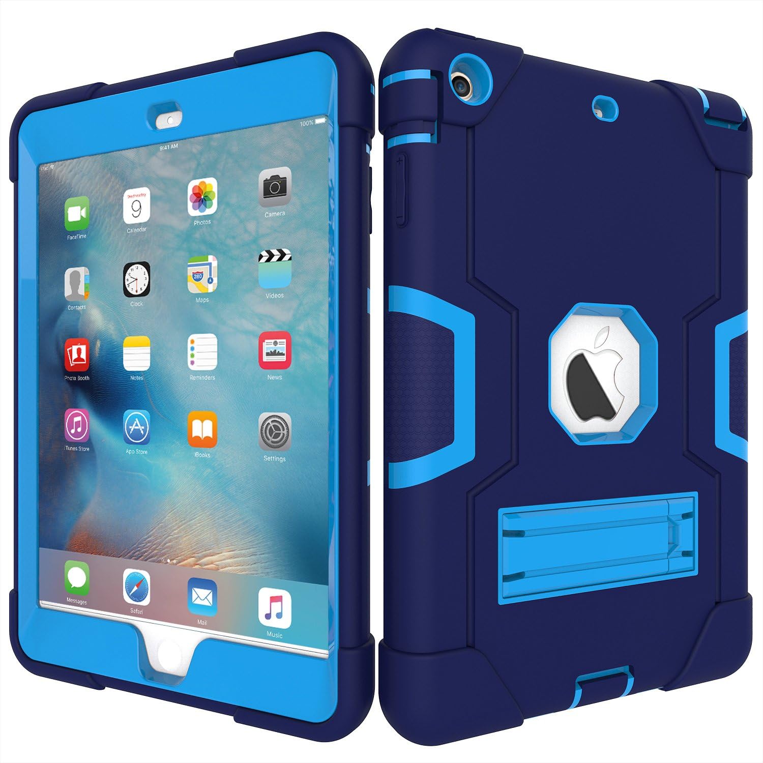 iPad Mini Case, Mini 2 Case, Mini 3 Case, Rugged Kickstand Series - Shockproof Heavy Duty Hybrid Three Layer Armor Defender Kids Child Proof Case Cover for iPad Mini 1/2/3 -Blue