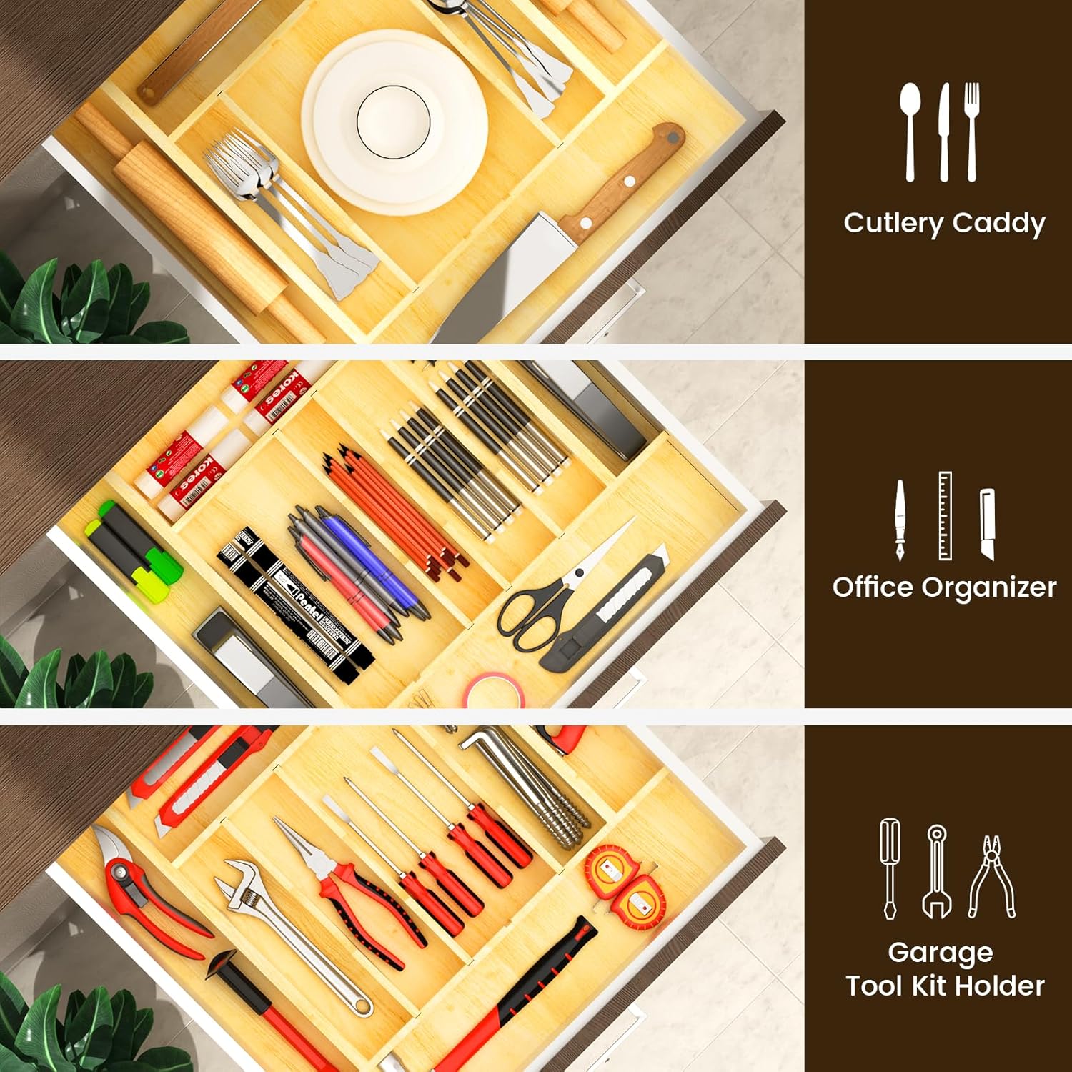 Silverware Drawer Organizer Wood with Adjustable Partition Utensil Cutlery Flatware Cabinet Storage (19.2" W x 19.5" D x 2.5" H)