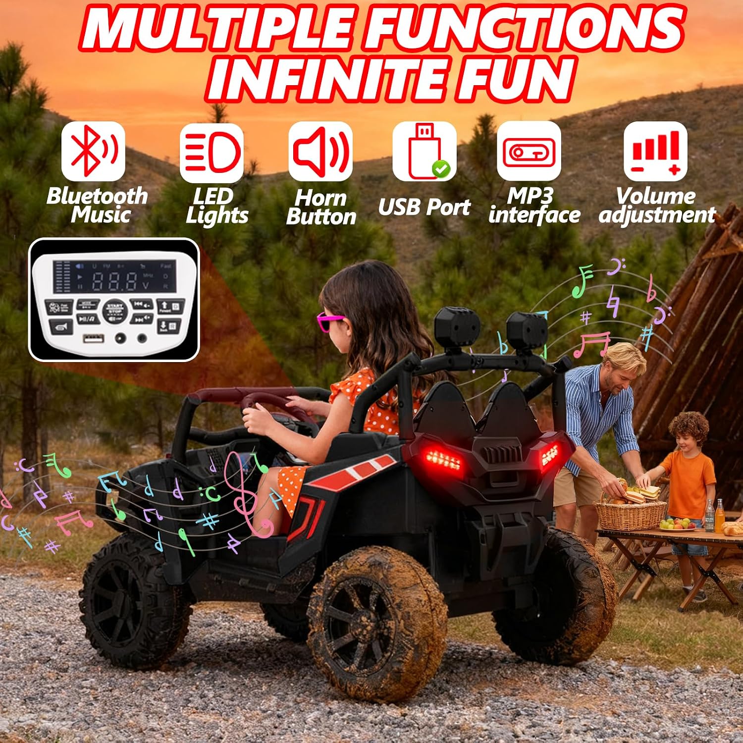 24V XL 2 Seater Ride on Car Truck, BLISSRIDE 4x200W Kids UTV w/20 Spacious Seat, 4WD/2WD, 7Ah Large Battery, Remote Control, Bluetooth, LED Lights, 24V Ride on Toys for Big Kids Boys Girls, Black
