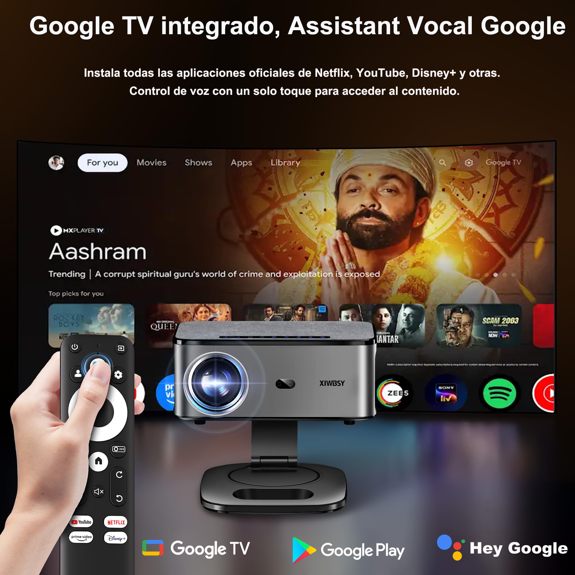 Proiettore portatile 1500 ANSI/Google TV/Auto Focus, 38.000 lumen, girevole a 360°, WiFi 6, Bluetooth 5.3, controllo vocale, supporto 4K 1080p, proiettori video cinema casa/esterno Netflix