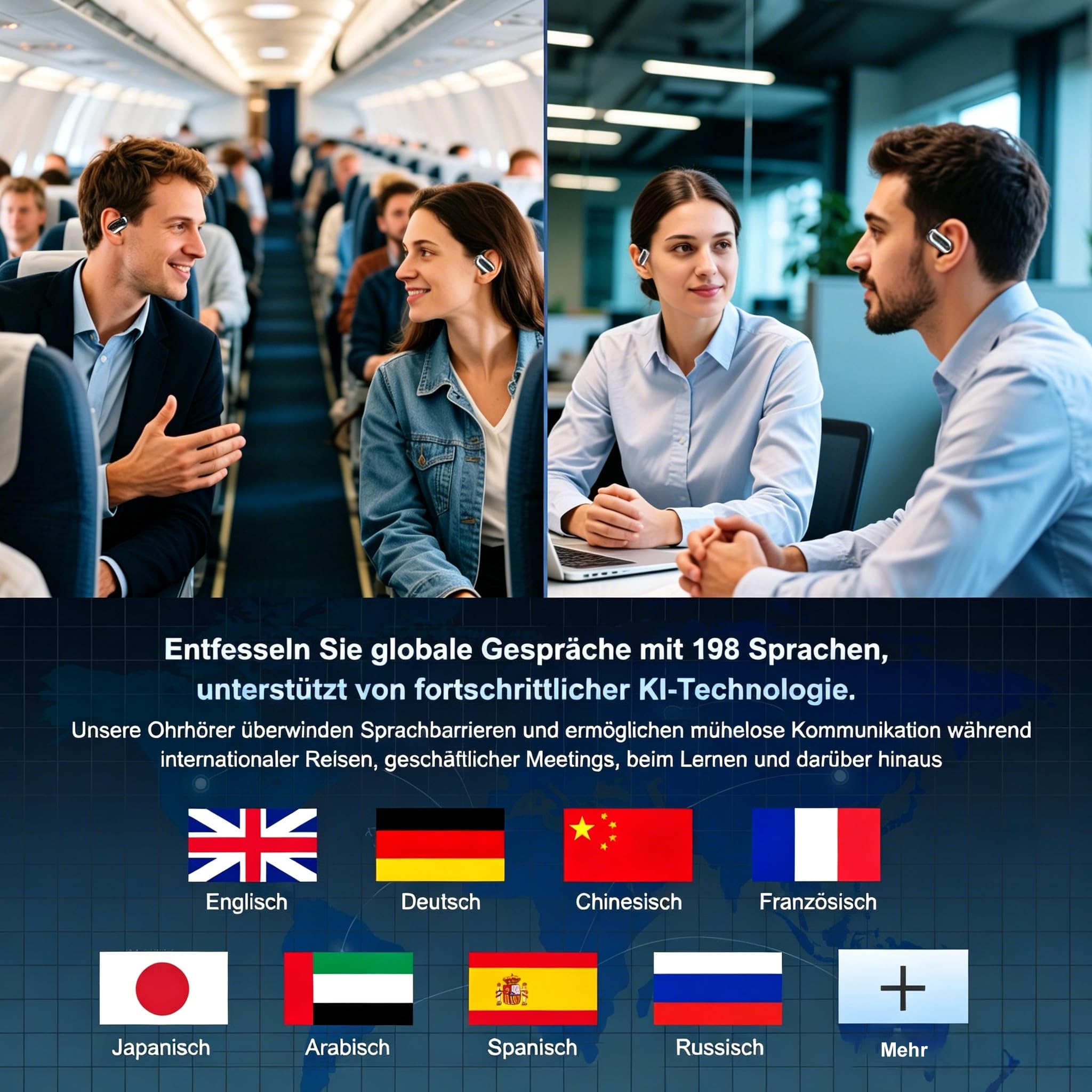 KI Übersetzer Kopfhörer Bluetooth 6.1 4-in-1 Echtzeit 198 Sprachen Übersetzungskopfhörer 50 Std Übersetzung Kopfhörer Live Sprachübersetzer Ohrhörer Open Ear Translator für Business,Reisen,Studie