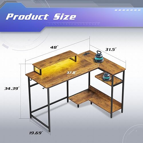 Miniatura 3 de DEVAISE Escritorio para juegos en forma de L de 47 pulgadas con luces LED y tomas de corriente, escritorio de esquina para espacios pequeños, mesa