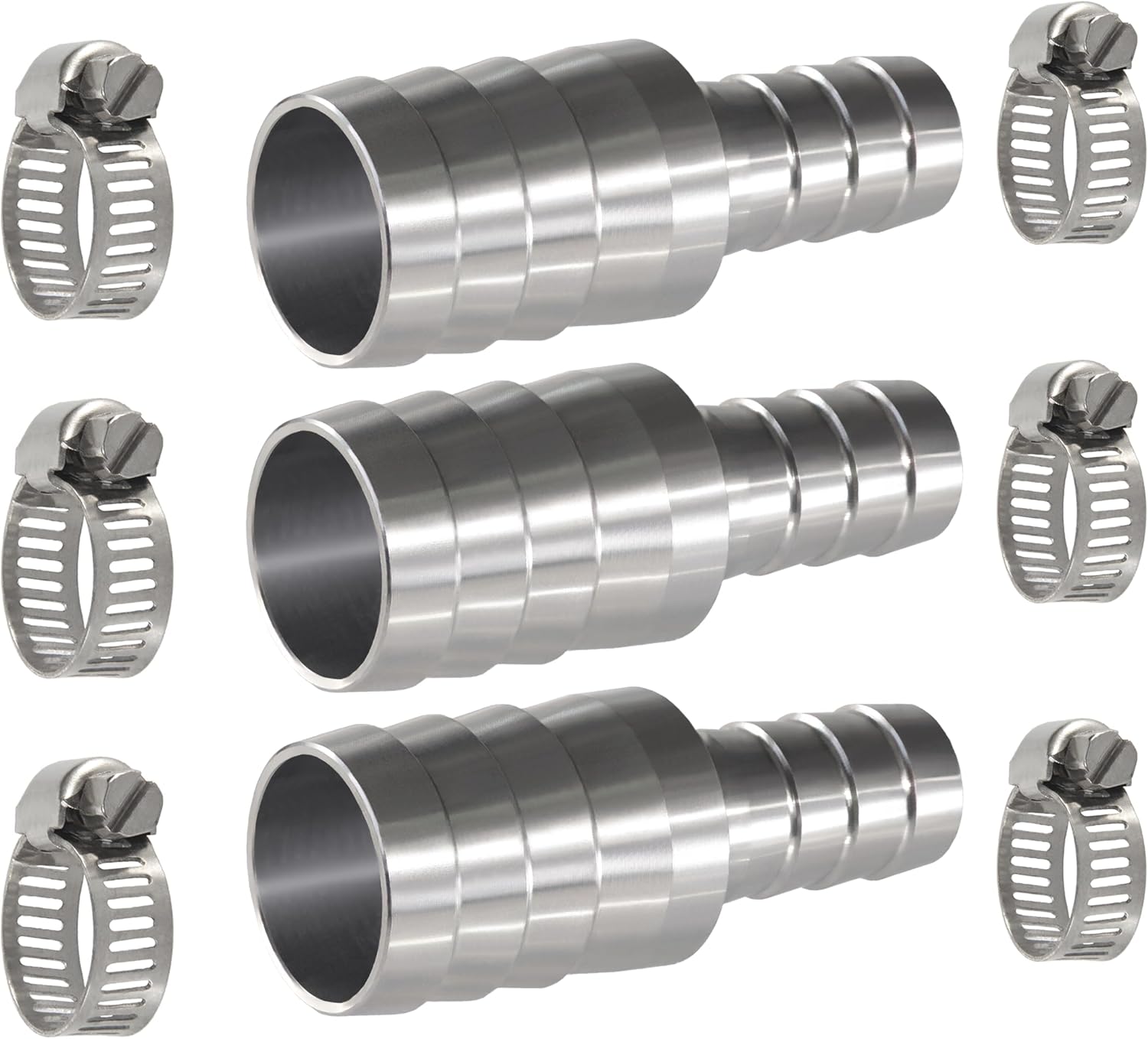 Stainless Steel Hose Barb Reducer 1" (25mm) to 1/2" (13mm) Reducing Barb Splicer Mender with Stainless Steel Pipe Clamps air Hose Repair kit for Pipe Line/Fuel/Air (Pack of 3)