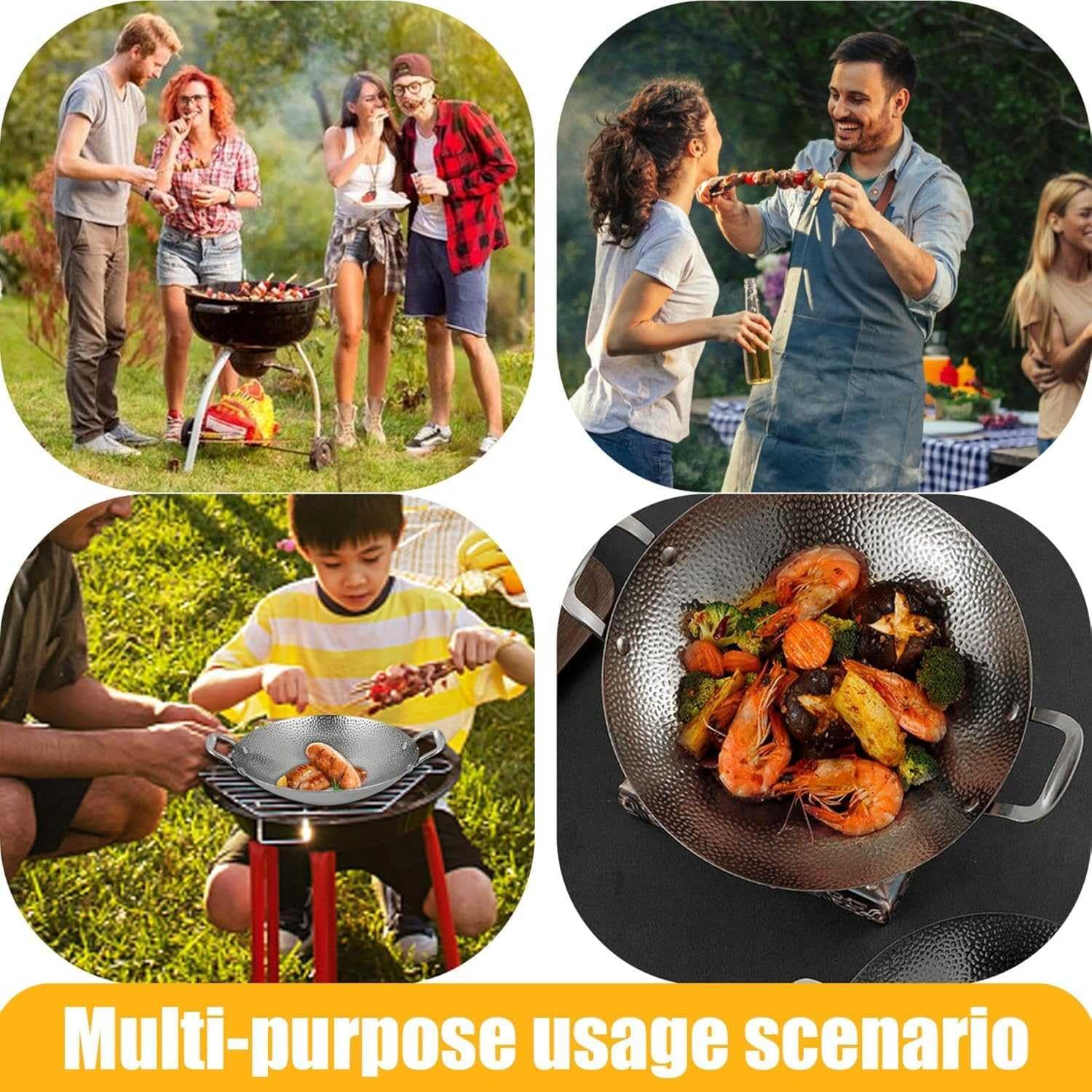 Stainless Steel Non-Stick Wok with Double Handles - Korean Stir Fry Pan, Round Bottom Skillet for Gas & Charcoal Grills, Perfect for Outdoor Cooking & Camping