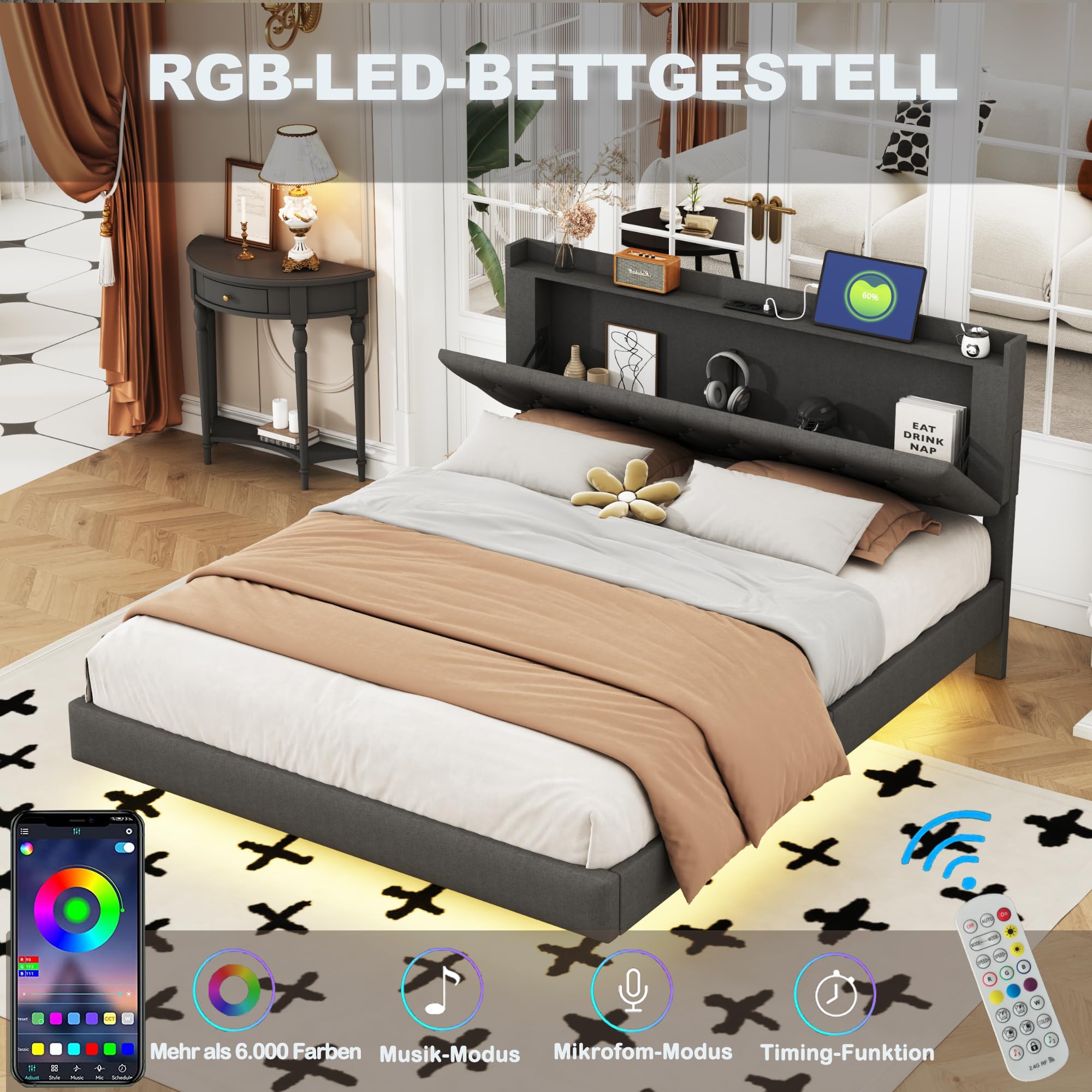 Polsterbett Schwebebett 160x200 mit LED-Beleuchtung, USB-Ladefunktion
