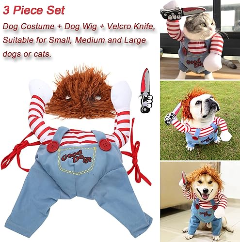Miniatura 3 de Disfraz de muñeca mortal para mascotas, disfraz de perro novedoso para cosplay, divertidos disfraces de Halloween, ropa para perros pequeños,