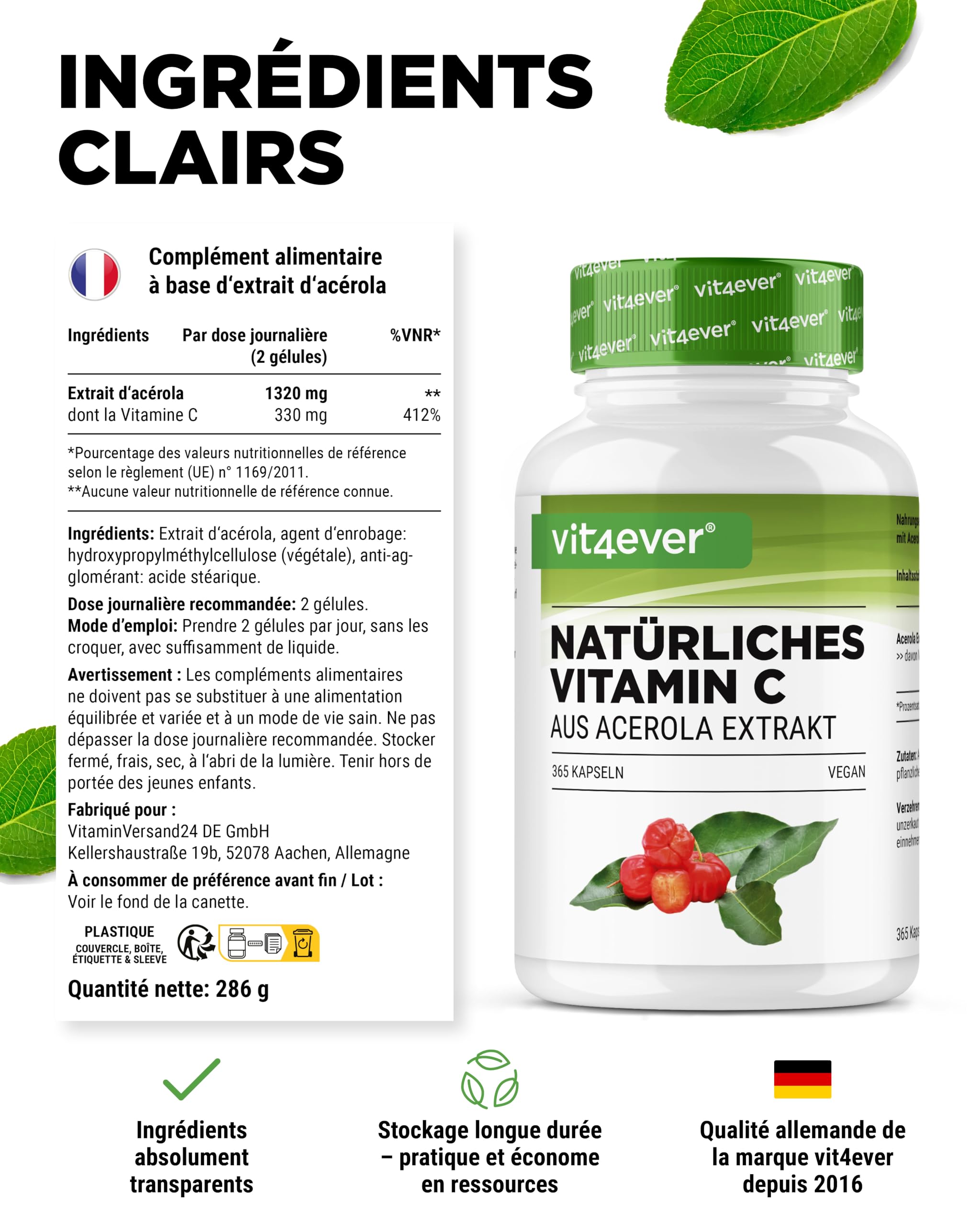 vit4ever Vitamine C Naturelle Issue d’Extrait d’Acérola – 365 Gélules – Forte Dose – Matière Première Premium – Sans Additifs Indésirables – Végan