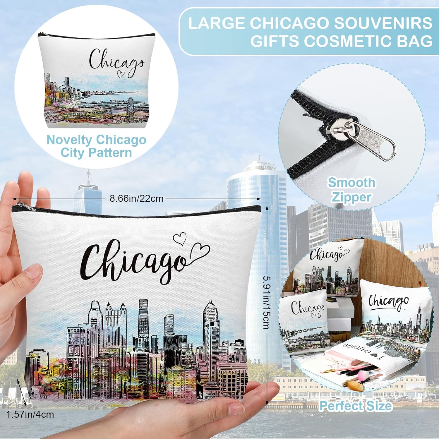 8 Pcs Watercolor Chicago Souvenirs Gifts for Women Girls Include Watercolor Chicago Tote Bag and Cosmetic Bags Reusable City Trip Gift for Travel Lover Birthday Party Favor - Image 5