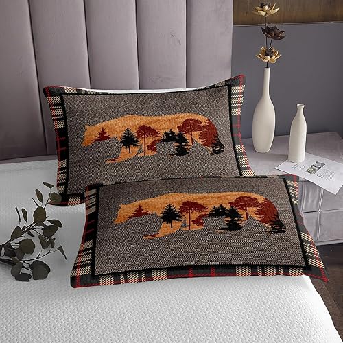 Miniatura 4 de Erosebridal Juego de edredón de oso de caza, tamaño individual, juego de colcha rústica de granja, juego de ropa de cama de cuadrícula de búfalo