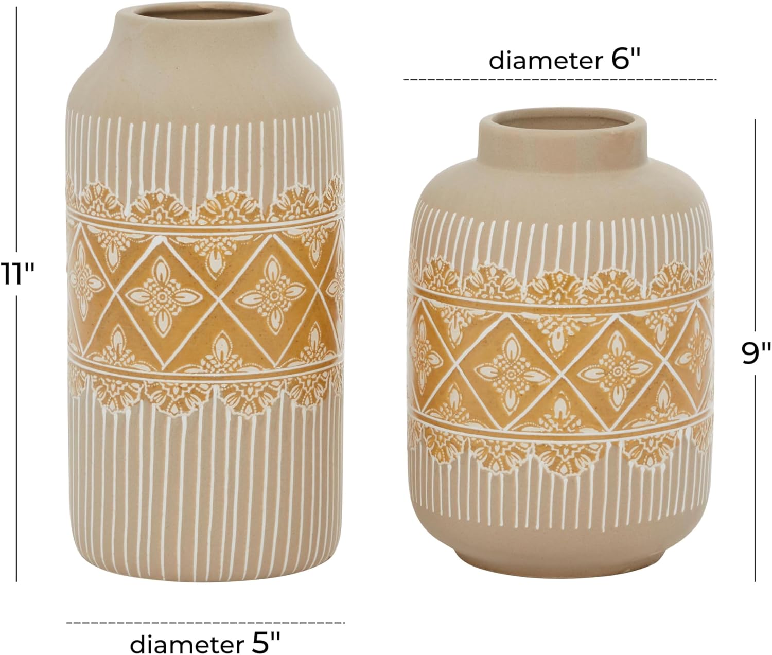 Deco 79 Ceramic Floral Handmade Decorative Vase Centerpiece Vases with Diamond Pattern, Set of 2 Flower Vases for Home Decoration 9", 11"H, Beige