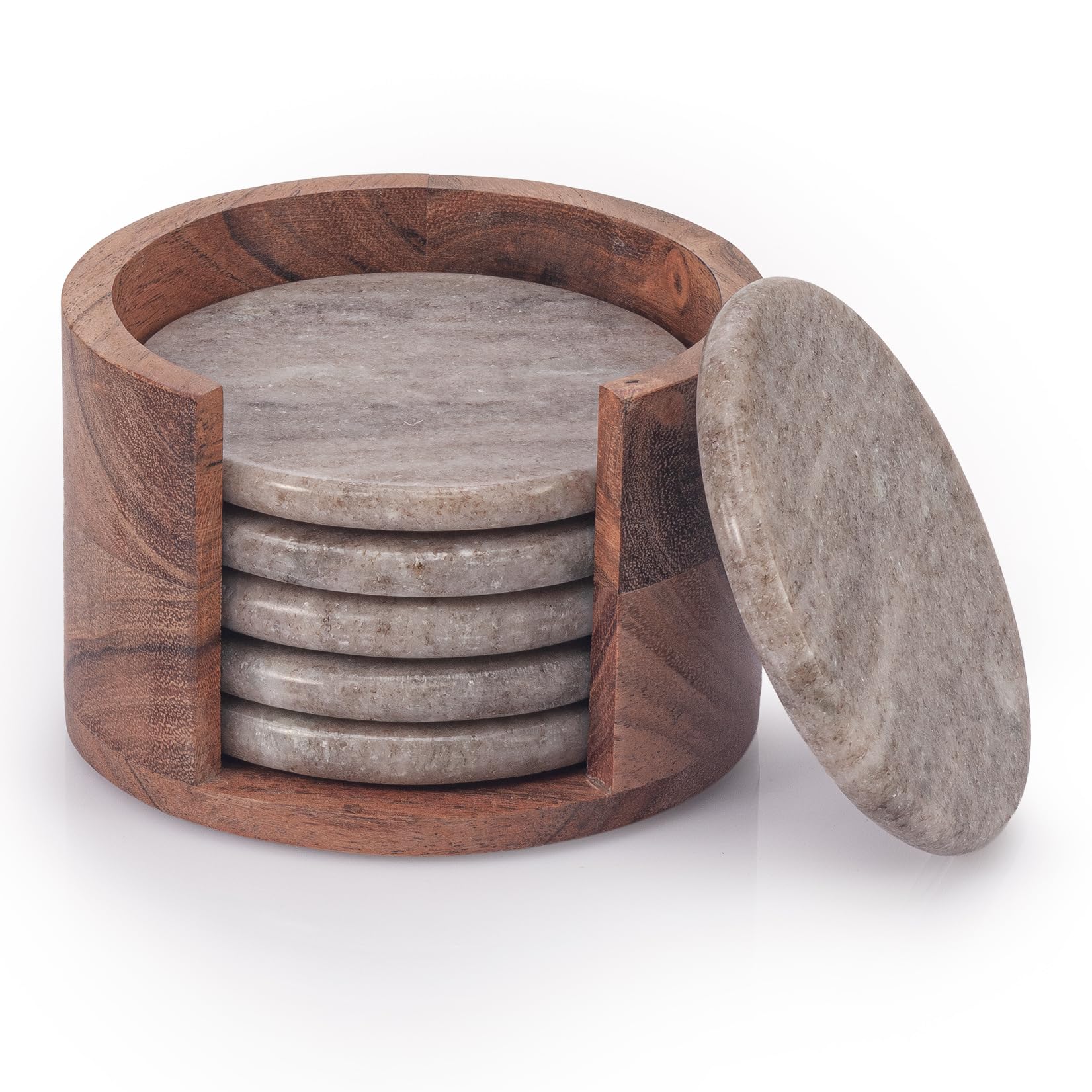 Ehc Round, Natural With Holder (Set Of 6) Round Marble Coaster Set Of 6 With Wooden Holder, Drink Coasters With Anti-Slip Pads, Coasters For Cups, Mugs & Glasses, Natural