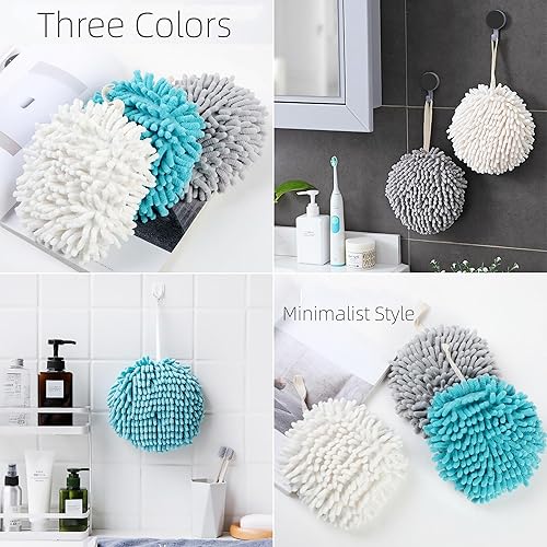 Miniatura 6 de 4 toallas de mano con bola mullida, para colgar, suaves, absorbentes, decorativas, de felpilla, para baño, cocina con 4 ganchos (2 grises + 2 blanco)