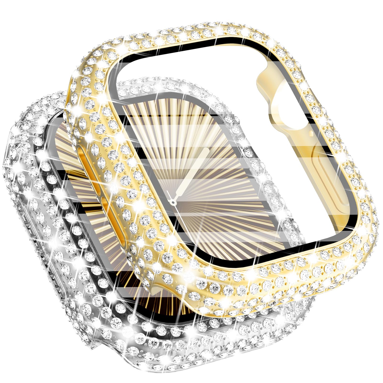 WINGLE 2 Pack for Apple Watch Series 10 Case 46mm Screen Protector, 300 Crystal Diamonds Overall Protective Case Face Cover iWatch 10 46 mm Bling Bumper Tempered Glass Screen Protector, Gold/Clear