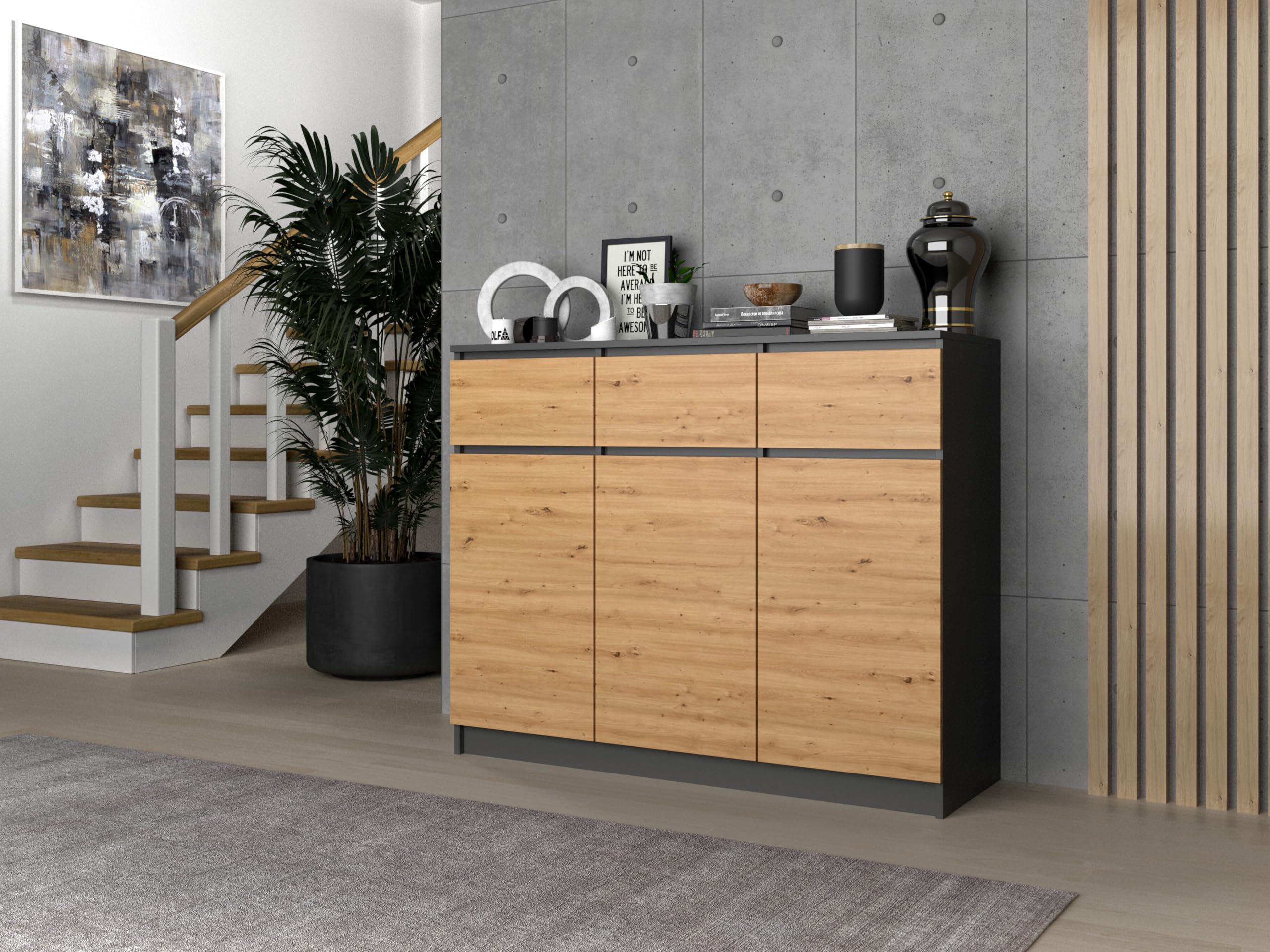 ARREDO DA CASA Madia Moderna Alta con 3 Ante e 3 Cassetti – Credenza in Legno Nobilitato per Soggiorno e Camera, Design Minimal senza Maniglie, 120X97X40 cm, in 2 Colori MT11 (Rovere/antracite)