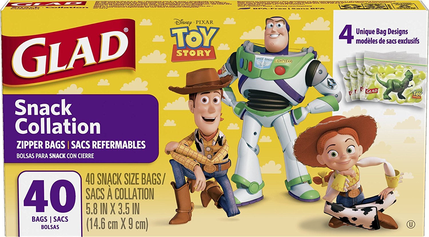 Glad 2 Pk. Food Storage Bags, Snack Size Zipper Bags, Toy Story, 40 Count (80 Bags Total)