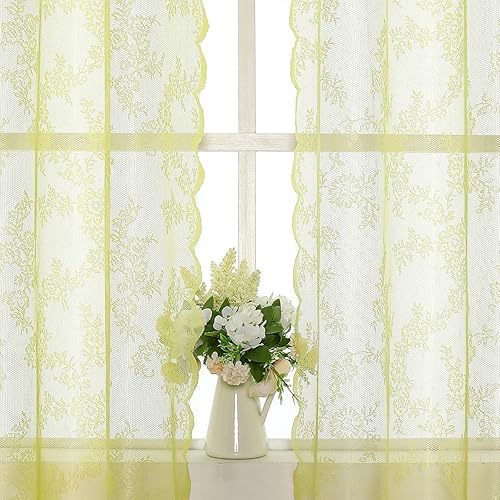 Cortinas traslúcidas de encaje amarillo para dormitorio, 55 x 54 pulgadas, paneles de cortina de encaje con rosas florales francesas, cortinas