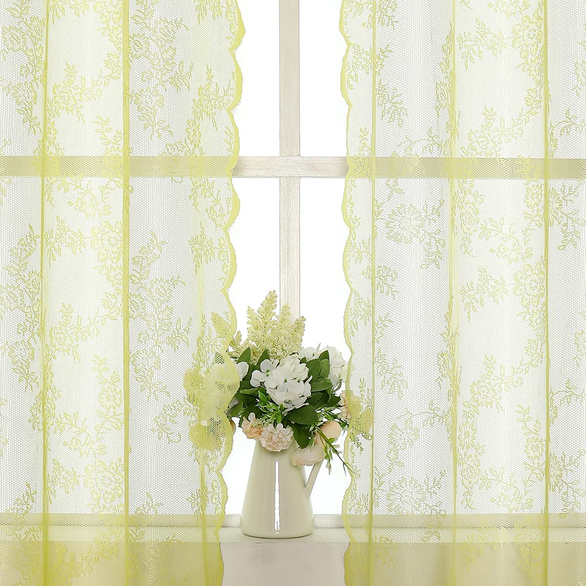 Yellow Lace Sheer Curtains for Bedroom 55 x 54 Inch Farmhouse French Floral Rose Lace Curtain Panels Durable Flower Embeoidered Window Treatment Drapes for Living Room Bedroom Holiday, Set of 2 ā image 1