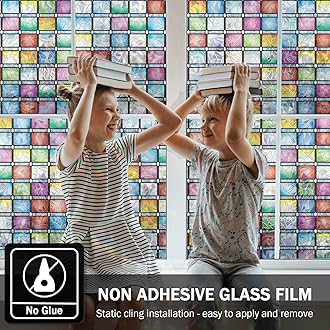 FEOMOS Rainbow Window Tint, Static Cling Window Film Privacy, Stained Glass Vinyl, Decorative Stickers Anti UV for Home, 44x200 cm