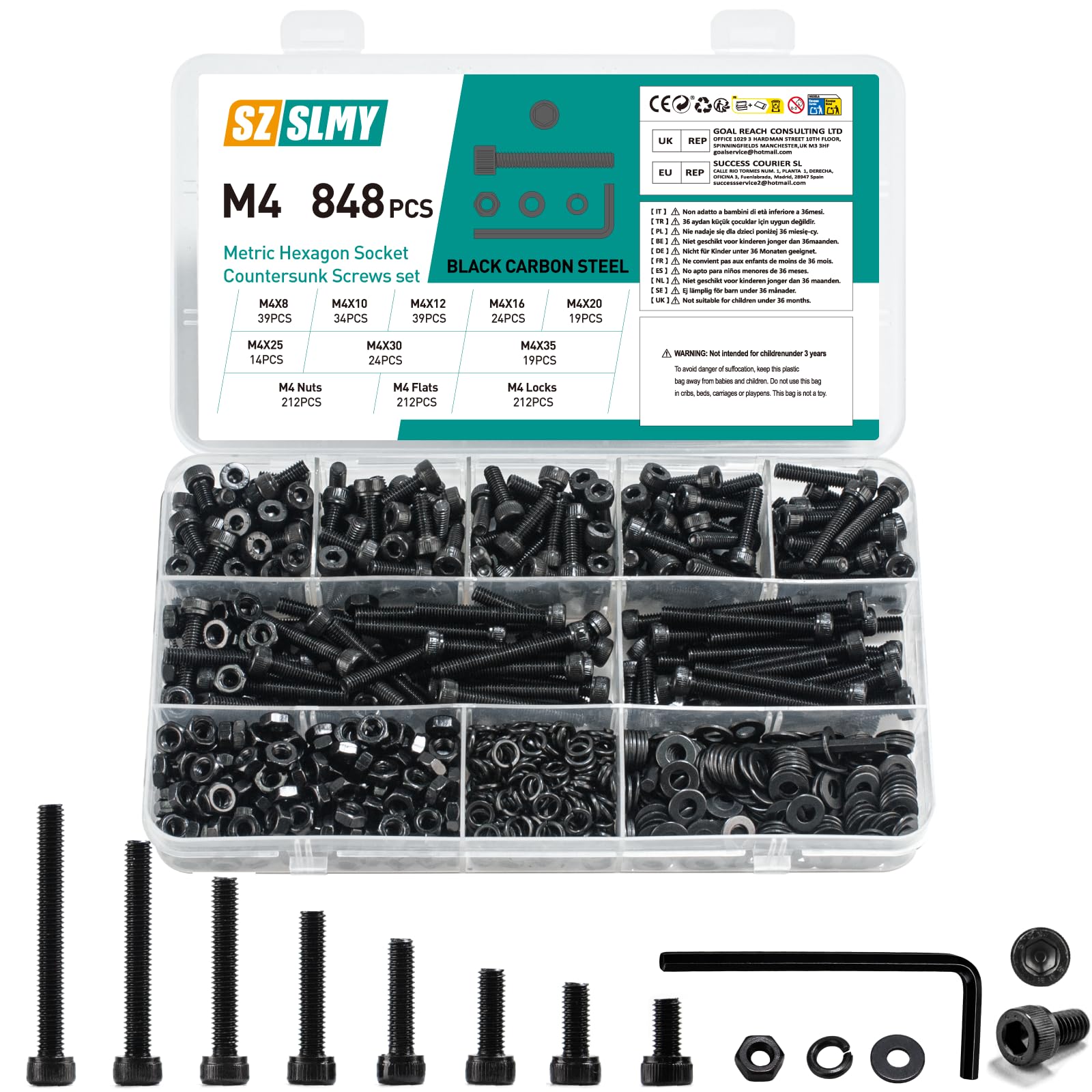 848 Pcs M4 Screws, M4 Nuts and Bolts Set, Hex Socket Head Cap Bolts and Nuts Set, Black Machine Screws Assorted with Lock and Flat Washers Assortment