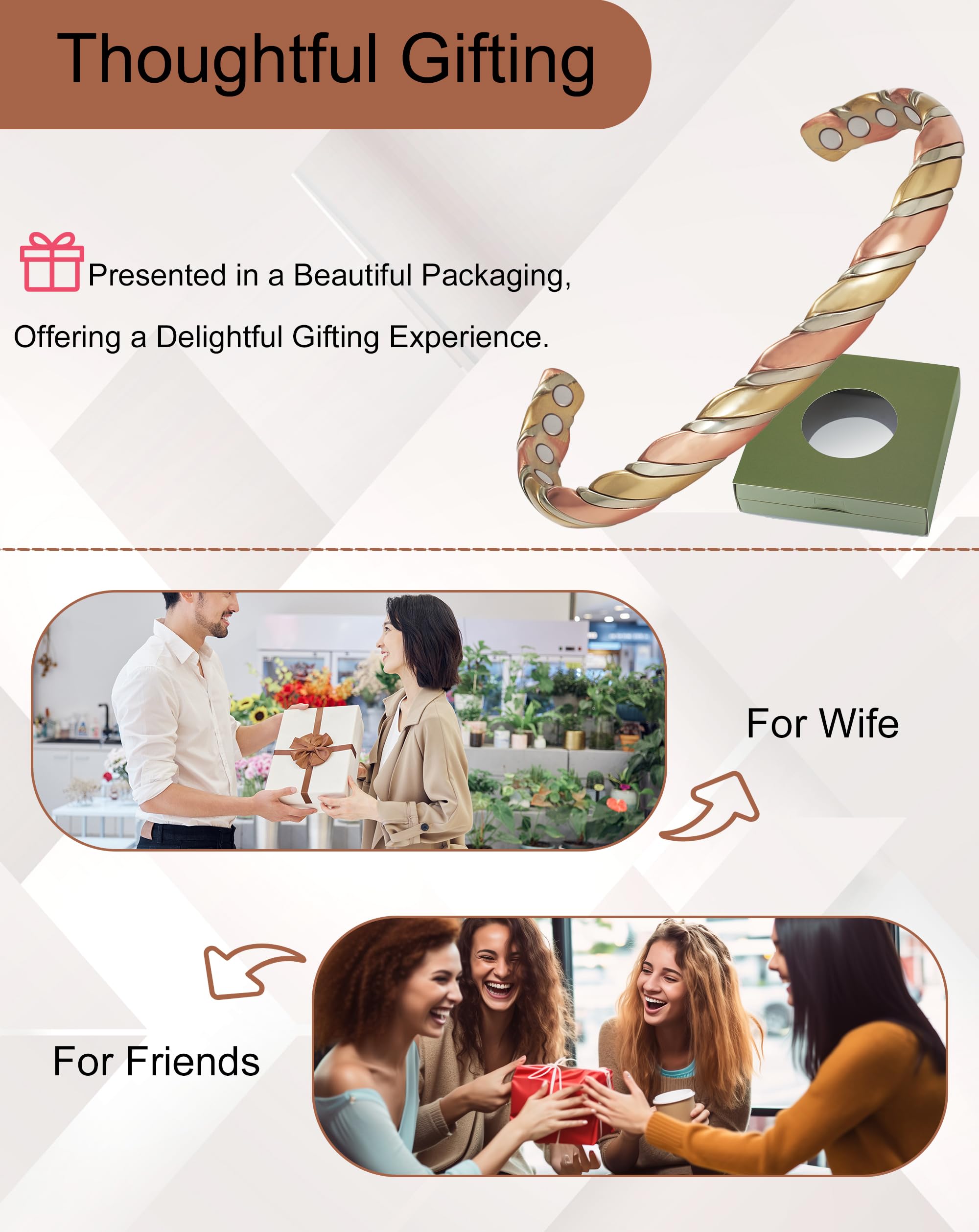 Wollet Bracelet magnétique en cuivre pour femme, bracelet manchette en cuivre – avec 8 aimants 3500 Guass avec coffret cadeau (CPB-0934-FBM)