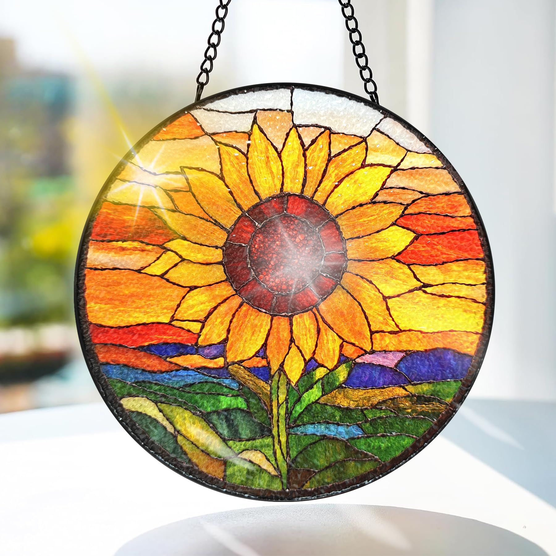 Bimkole Sunflower Stained Glass Suncatcher Window Hanging - Sunset Design for Indoor Window or Doorway Decoration - Sun Catcher Decor for Birthday for Women, Men, Wife, Lovers, and Mom 20x20 cm โ image 1