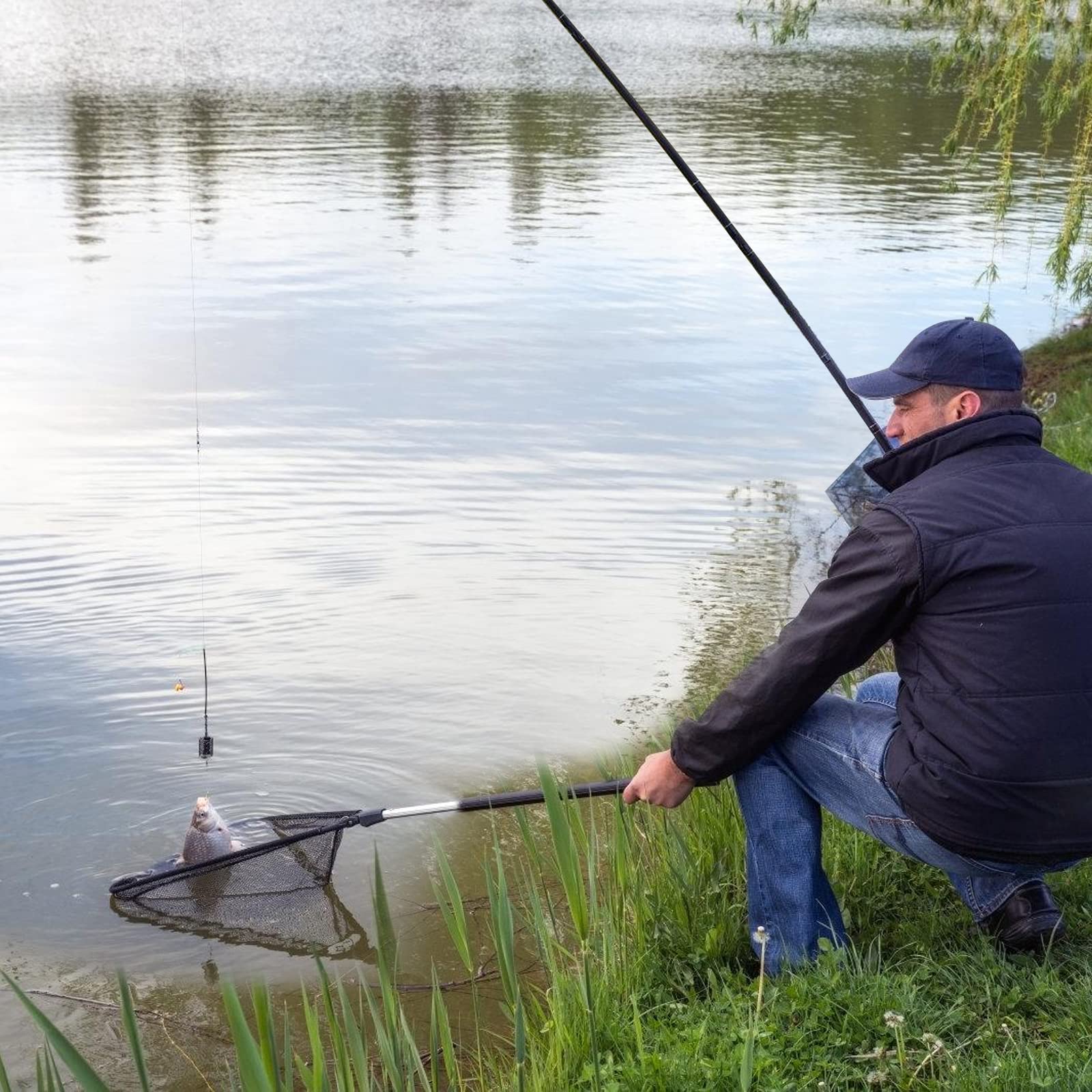 Aicharynic Retino da Pesca: 50 cm, Telescopico, Pieghevole, per Crap, Trote, Barca e Oceano, Nero, Alluminio e Nylon