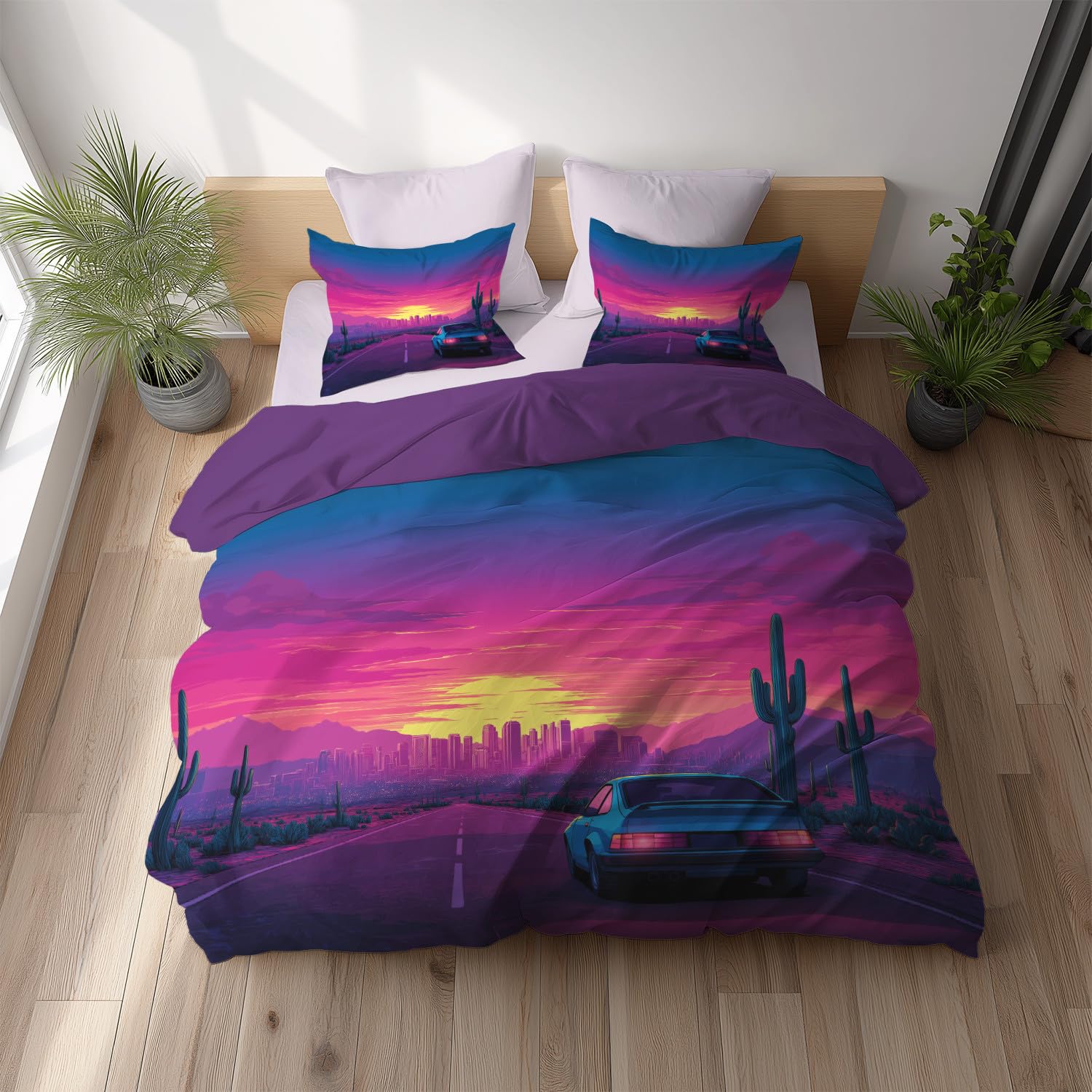 Generisch Zestaw pościeli Anime 180 x 200 cm, magenta, różowa poszwa na kołdrę dla dzieci, młodzieży i dorosłych, na samochodową pustynię, vintage, miękka, puszysta, oddychająca, poszewka na kołdrę z