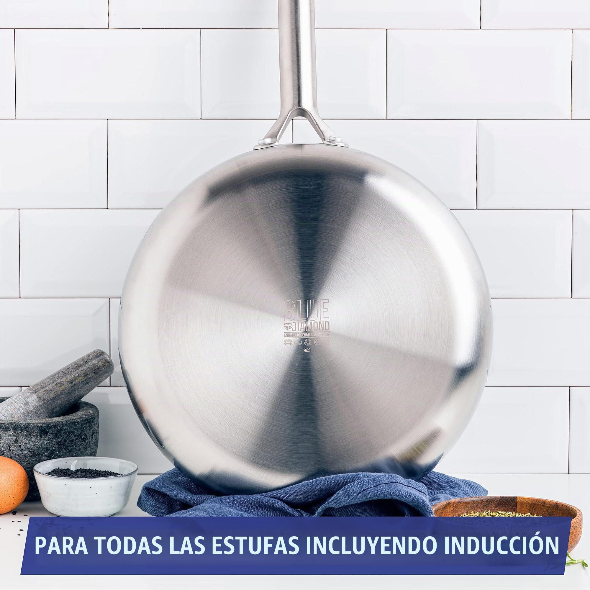 Blue Diamond Triple Steel Sartén de Cerámica Antiadherente de Acero Inoxidable, 24 cm, Sin PFAS, Multicapa, Apta para Inducción, Honor y Lavavajillas, Plata