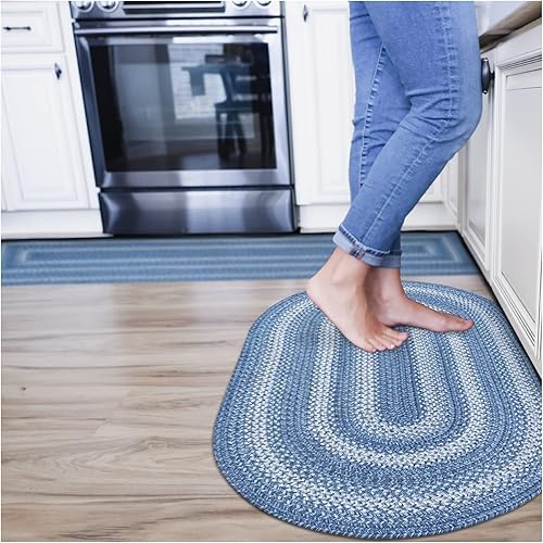 Homespice Alfombras trenzadas ovaladas color azul Demin de 16 x 24 pulgadas, perfectas para cualquier cocina, baño o entrada
