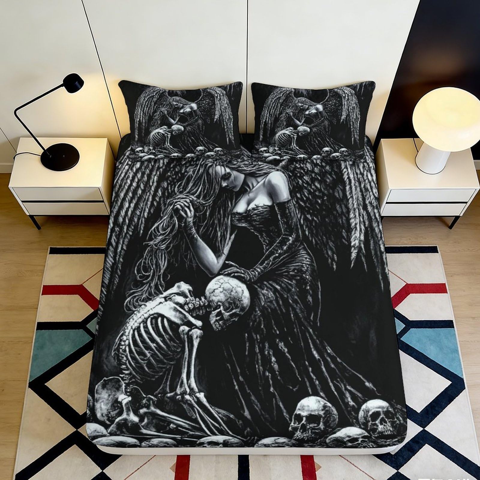 Jqzkxnhpbr Style-5 3D Printed Gothic Angel Fitted Sheet Microfiber Soft Skull Bed Cover For Bedroom Guest Room Decor Mattress Protection 90X200x25cm