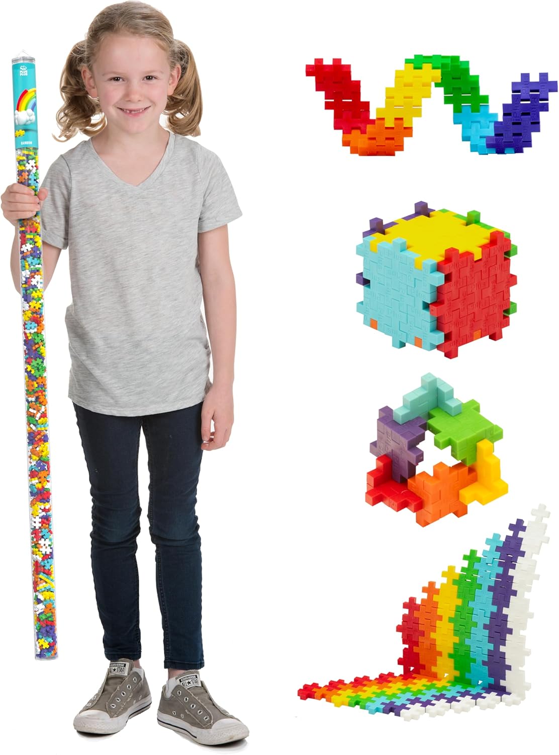 PLUS PLUS 500 Piece Super Tube, Interlocking Building Block 3D Puzzle Kit, Kids Stem Connecting Toys - Rainbow Color Mix
