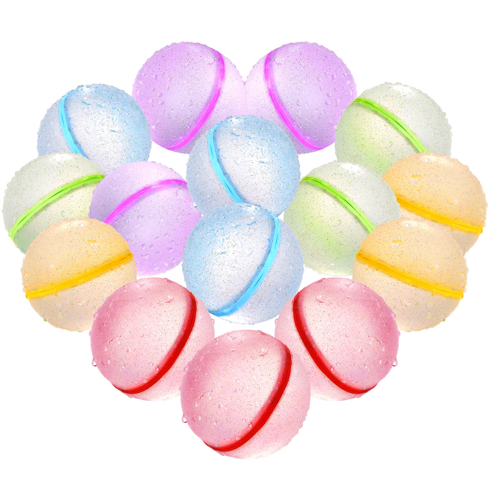 Reusable Water Bomb Balloons Silicone Self Sealing Splash Water Balls with Mesh Bag, Summer Fun Outdoor Toys for Kids, Water Games for Kids Backyard Swimming Pool Waterpark Glitter (15 packs)