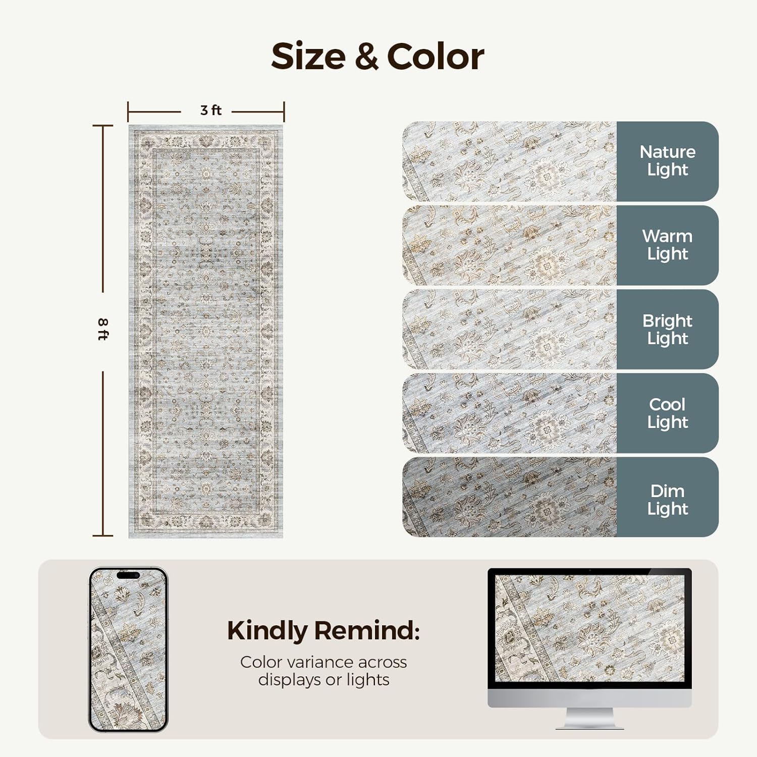 WITSHOCK 3x8 Runner Rugs for Hallway Bathroom: Machine Washable Non Slip Vintage Carpet - Low Pile Lightweight Print Rug for Kitchen Laundry Room Bedroom Beside Rug - Pet & Kids Friendly (Light Blue)