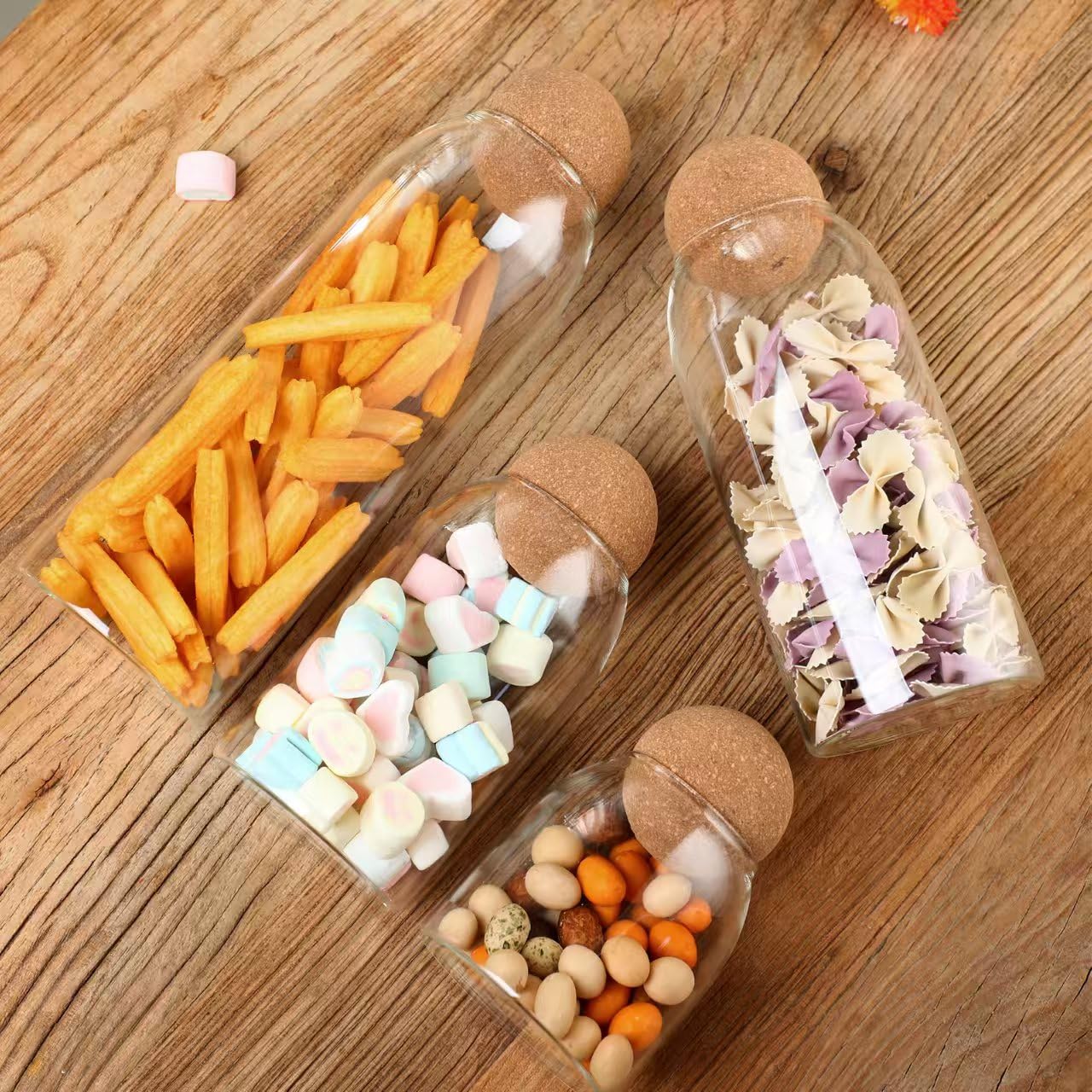 Vorratsdose aus Glas mit Kugelkorkendeckel, klare Glasdosen mit Korkkugel, niedliche dekorative runde Glasflaschen mit luftdichtem Holzdeckel für Gewürze, Zucker, Salz, Tee, Nüsse, Kaffeebohnen (4