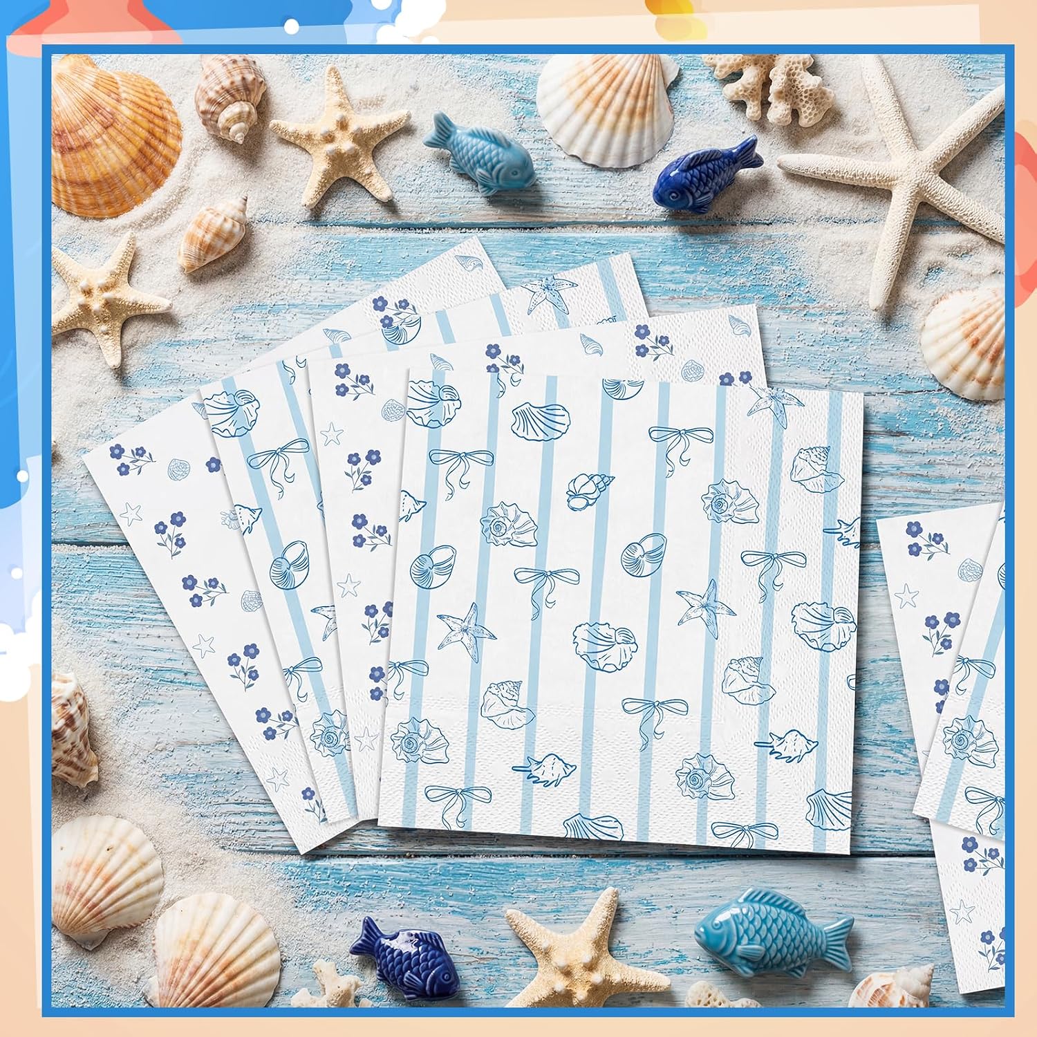 NatNarr 80 Pcs Coastal Napkins 2 Ply Blue Decoupage Napkins with Seashell Ocean Beach Napkin Decorative Napkin for Decoupage DIY Crafting Summer Party Beach Wedding Birthday