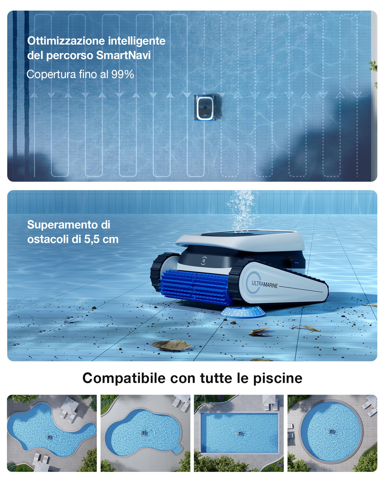 ECOVACS Ultramarine P1 Robot Pulitore Piscine Aspirazione Potenza 4800GPH | Durata batteria: 180 min, Fino a 180 m², Filtro Doppio Strato, Navigazione Intelligente SmartNavi, Controllo con App