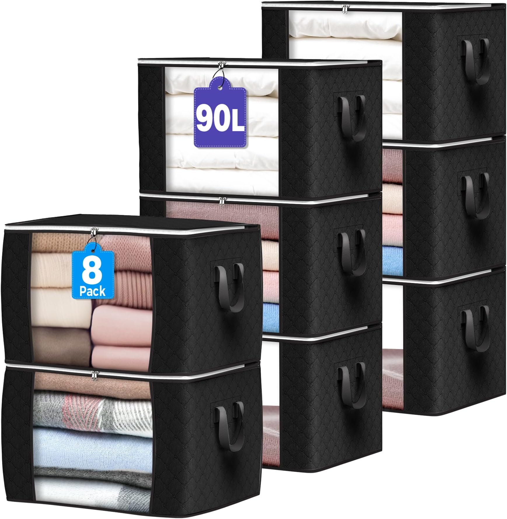 90L Large Storage Bags, 8 Pack Clothes Storage Bins Closet Organizers | Foldable Storage Containers, with Reinforced Handle, for Clothing, Blanket, Comforters, Bed Sheets, Pillows and Toys,Black