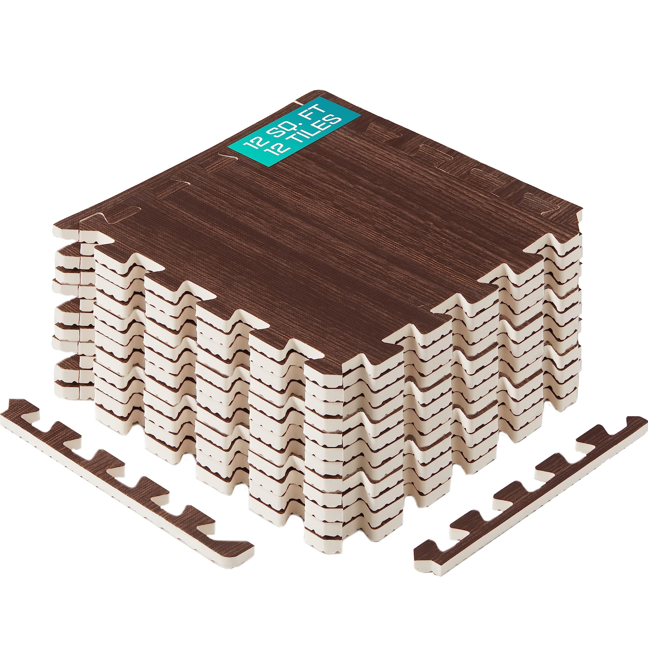 Yes4All EVA Interlocking Mats, Puzzle Floor Tiles, Foam Floor Padding with Border for Furniture, Home Space, Living Room, Garage - Dark Walnut Wood, 1.02 m2