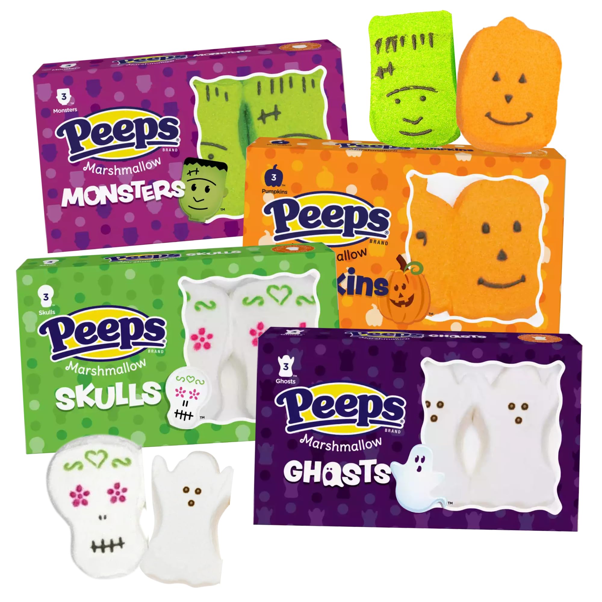 Monster, calabaza, calaveras de azúcar y fantasma, malvaviscos, Halloween 2023, caramelos de malvavisco de personajes surtidos, paquete de 4, 12 piezas en total