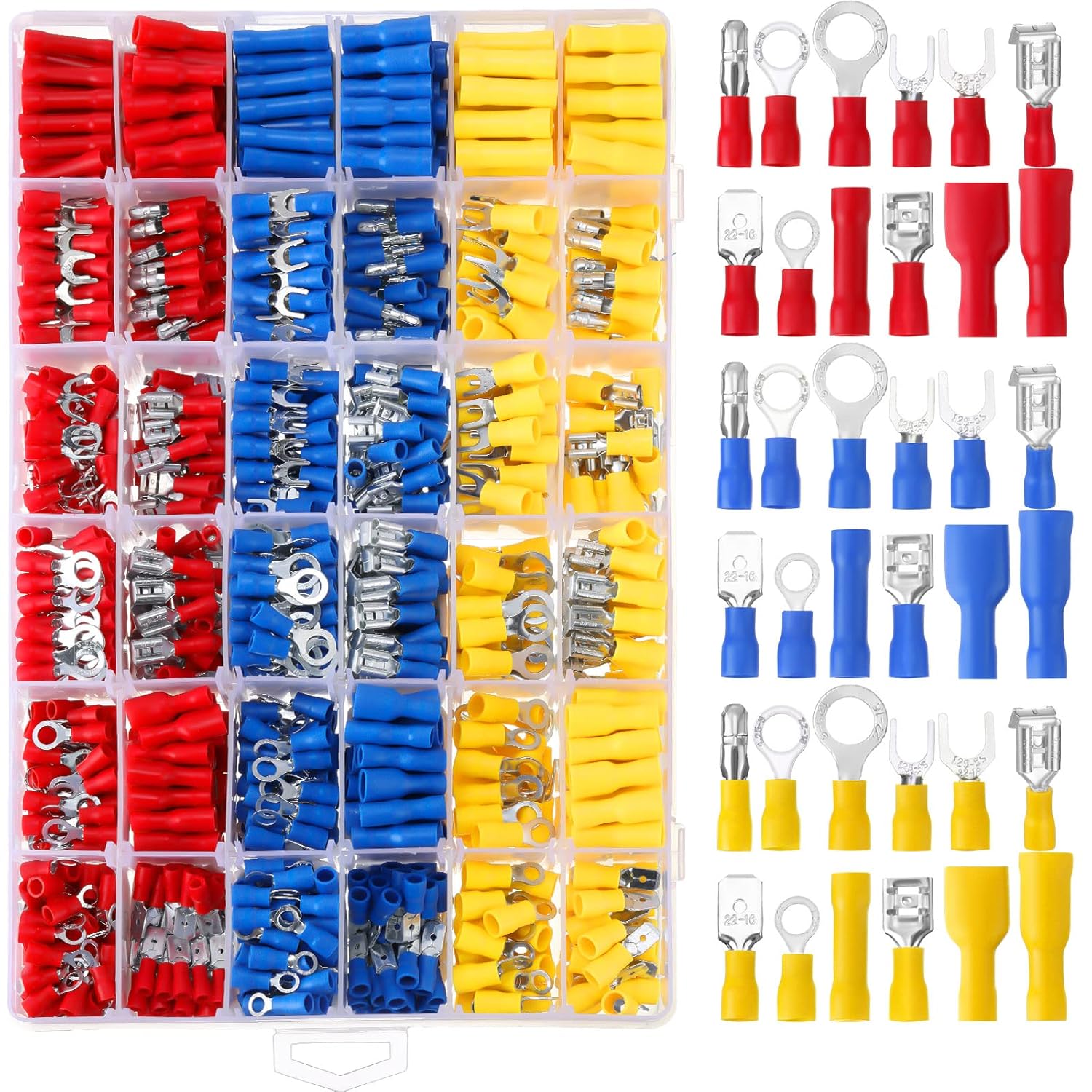 Hoteam 1200 Pcs Heat Shrink Insulated Electrical Wire Connectors Kit Wire Crimp Terminals Butt, Ring, Spade, Fork Quick Disconnect Assortment Kit with Storage Box for Automotive Marine Boat Truck