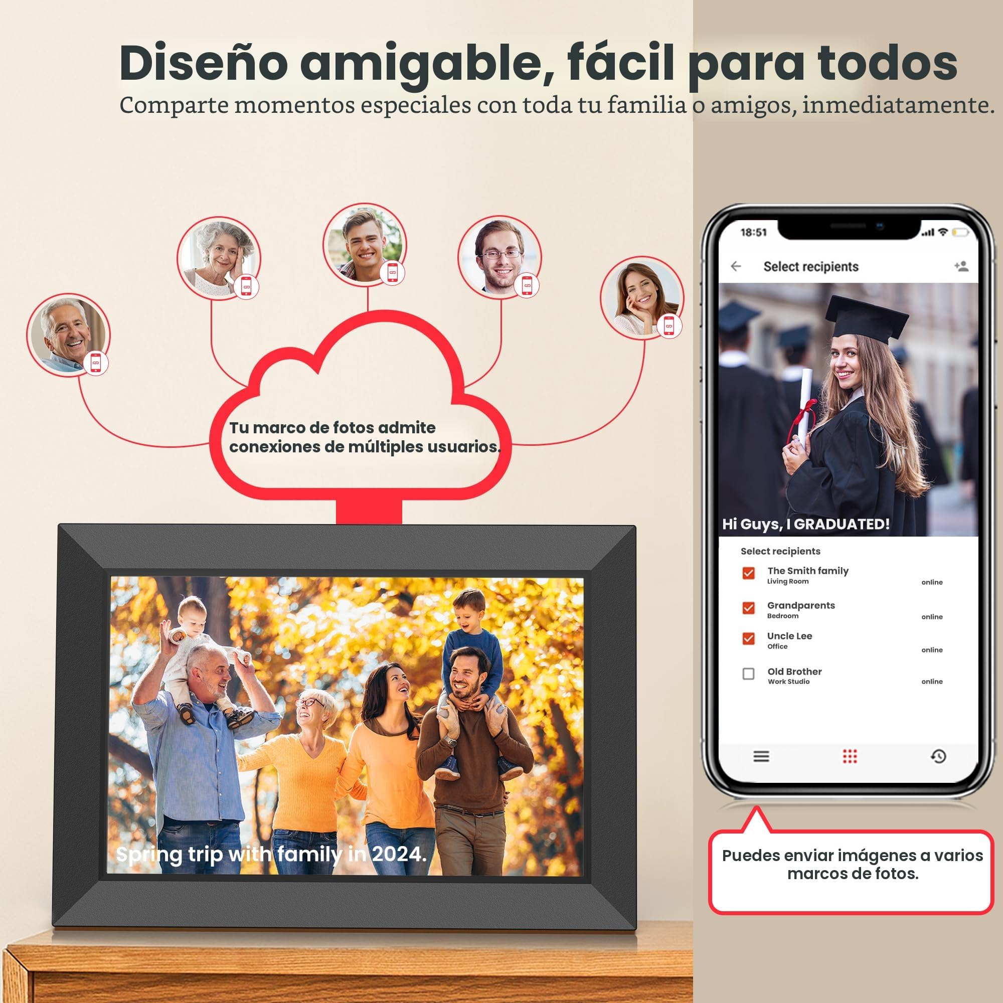 Frameo Marco de Fotos Digital WiFi 10.1 Pulgadas, Memoria Incorporada 32GB, HD 1280x800 IPS, Pantalla Táctil para Fotos/Videos, Soporte Multilingüe, Rotación Automática, Montaje en Pared