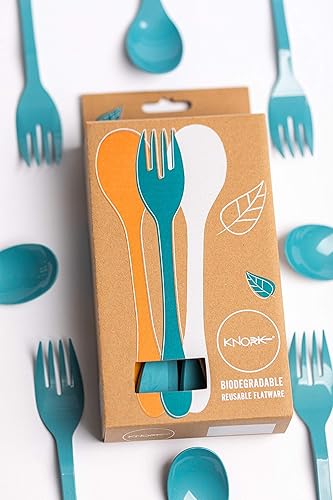 Miniatura 6 de Knork Eco Fork - Juego de cubiertos reutilizables biodegradables, 12 piezas, color azul