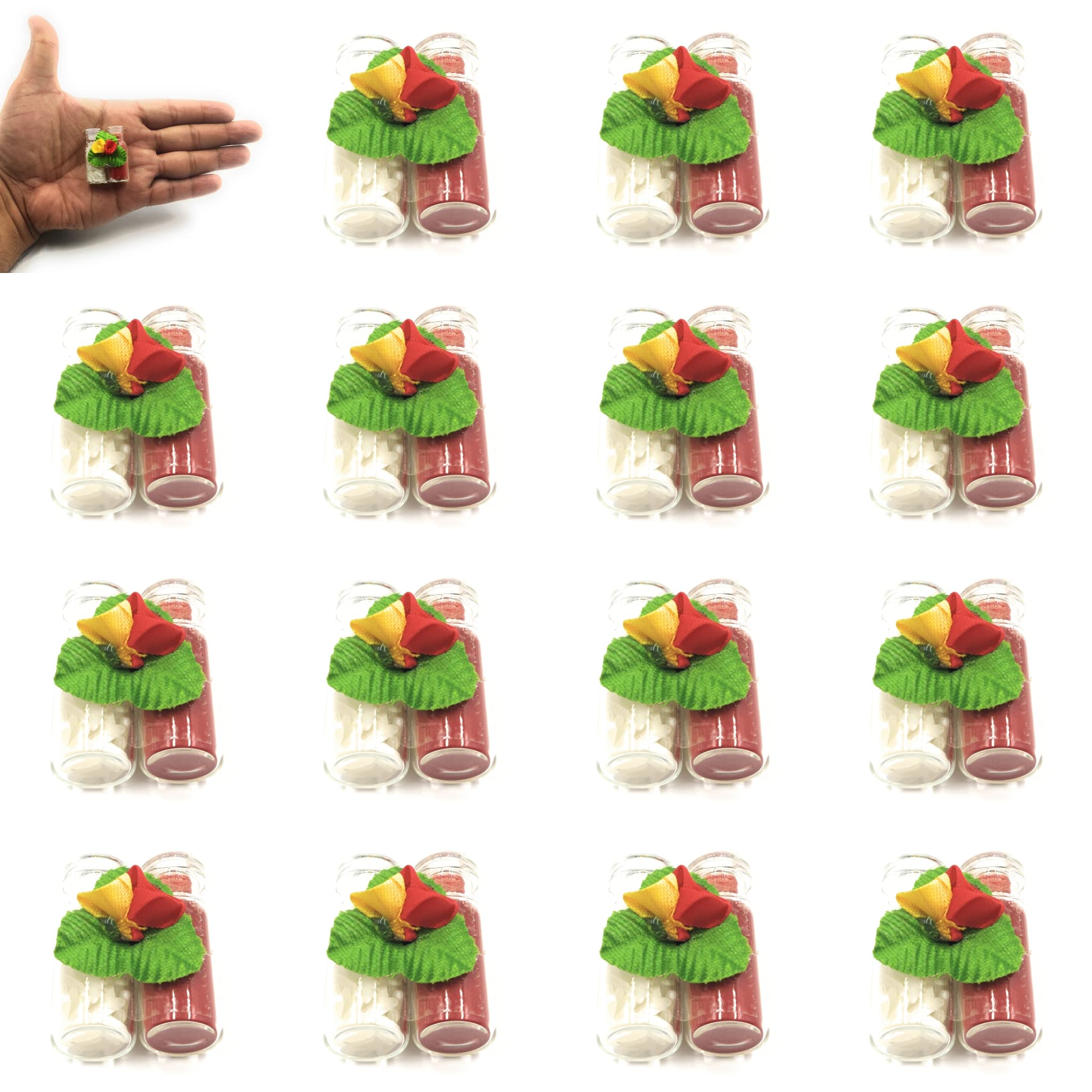 Sau Rang Roli Chawal in Mini Glass Bottles, Kumkum for Puja Gift, Rakhi Festival Raksha bandhan and Bhai Dooj (Set of 16)