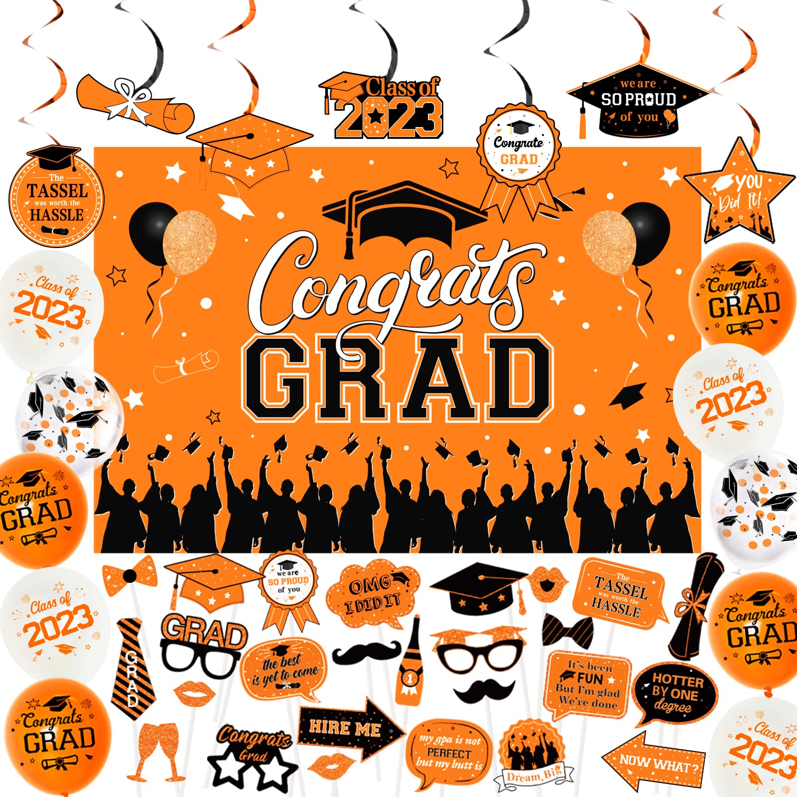 Graduation Party Decorations 2023 Orange and Black, Congrats Grad Backdrop, Graduation Hanging Swirls, Photo Props, Class of 2023 Decor for University College Senior Graduation Party Supplies