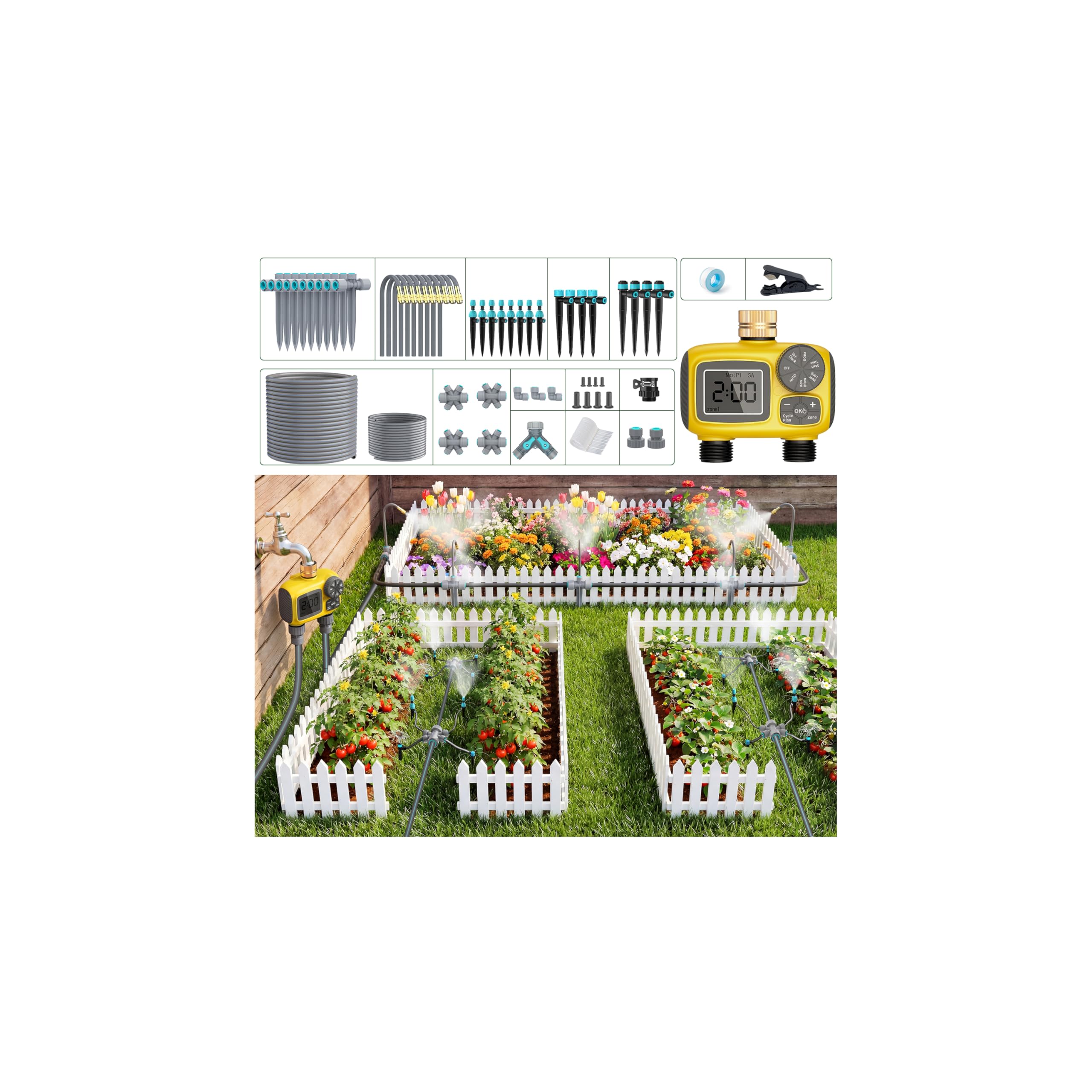TRJZWA Bewässerungssystem mit 2 Auslässen für Garten, Gewächshaus, Gemüsebeete, Bewässerungscontroller steuert die großflächige Bewässerung und Besprühung, ausgestattet mit 4 verschiedenen Sprühdüsen