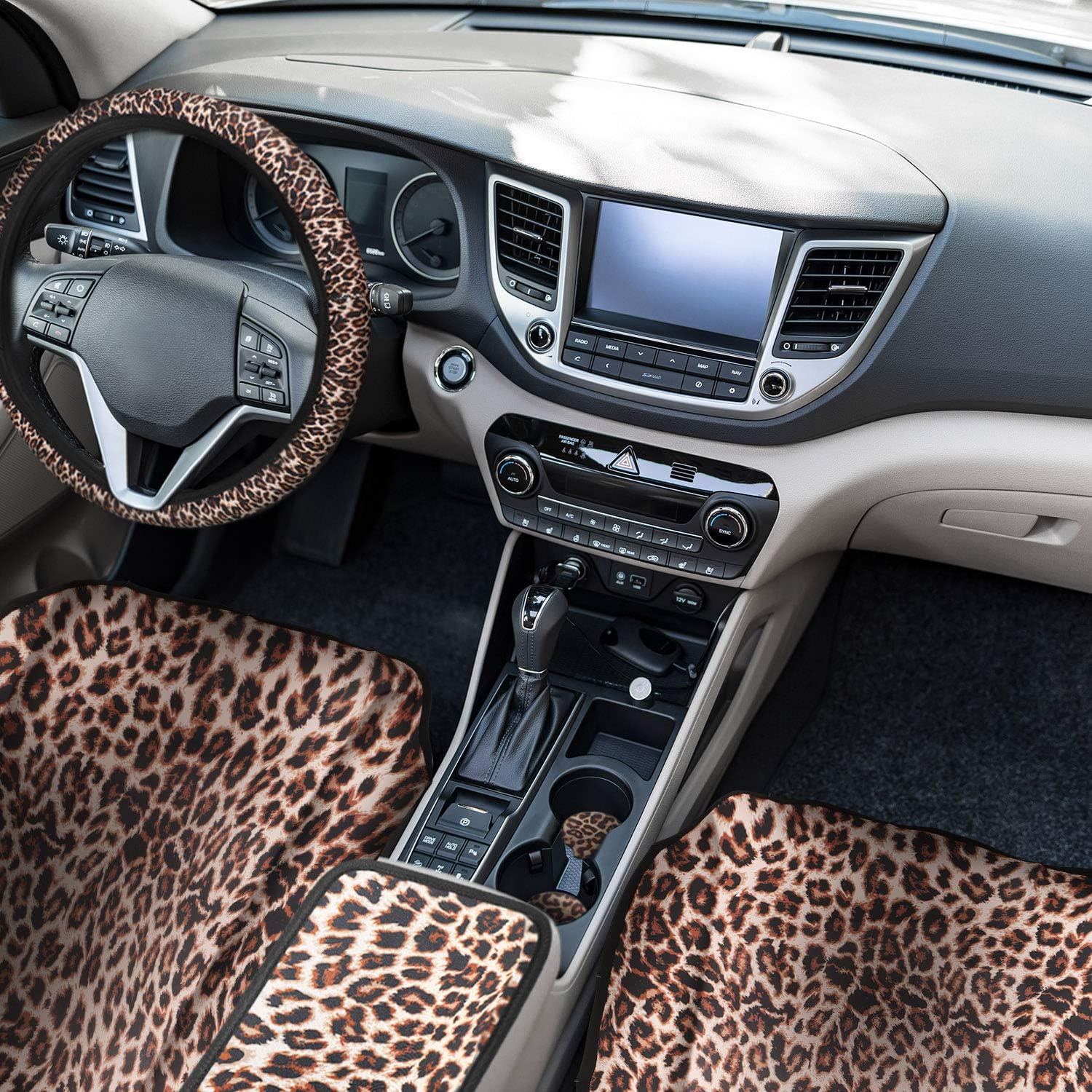 Frienda 13 Pieces Leopard Print Car Seat Covers Full Set, Leopard Car Accessories Set, Leopard Seat Covers Steering Wheel Cover, Car Pads Armrest Pad Cover Seat Belt Pads and Keychain Wrist Holder