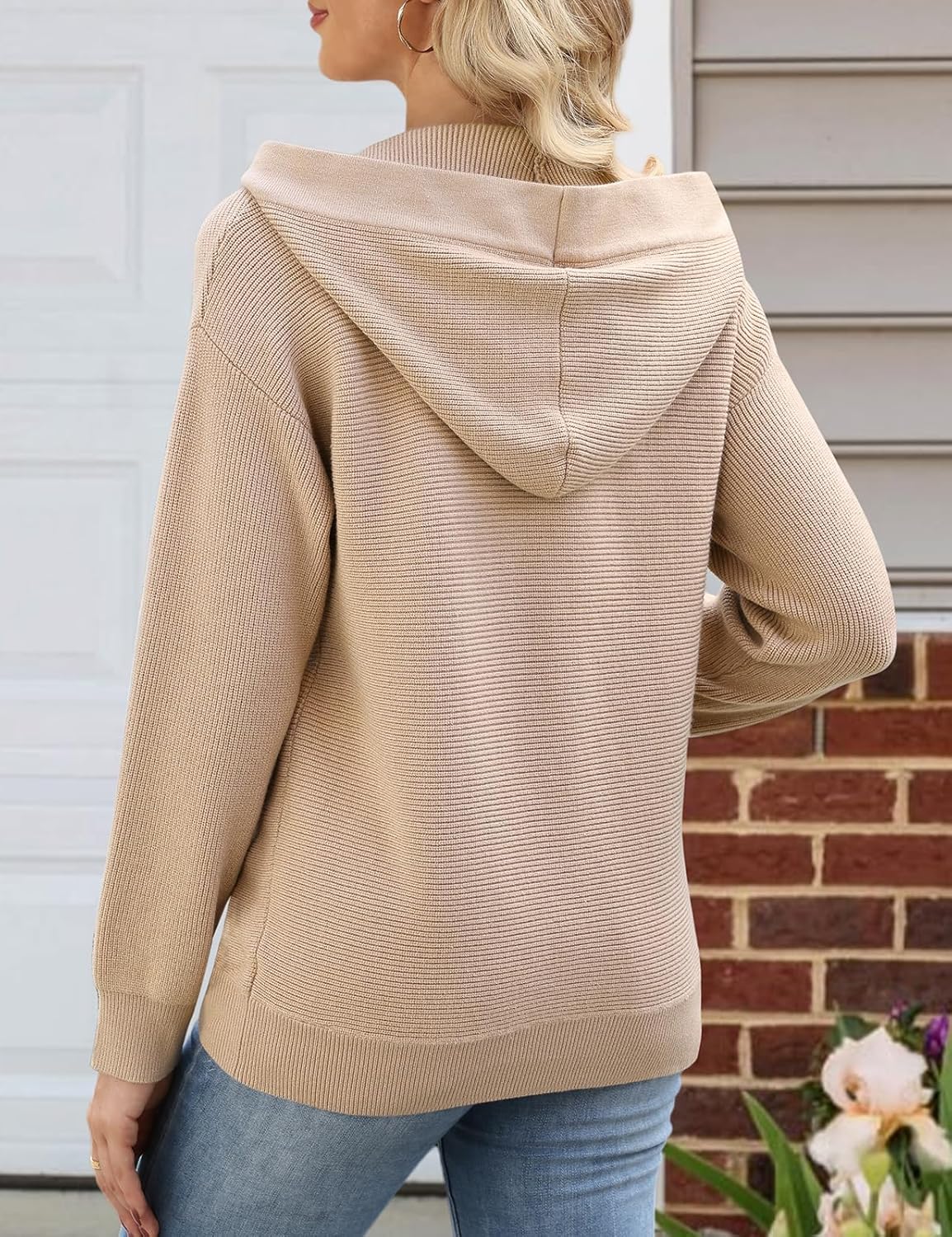 Women Hoodies Sweaters Oversized V Neck Striped Knit Pullover Sweatshirts Hooded Button Long Sleeve Tops with Pocket - Image 2