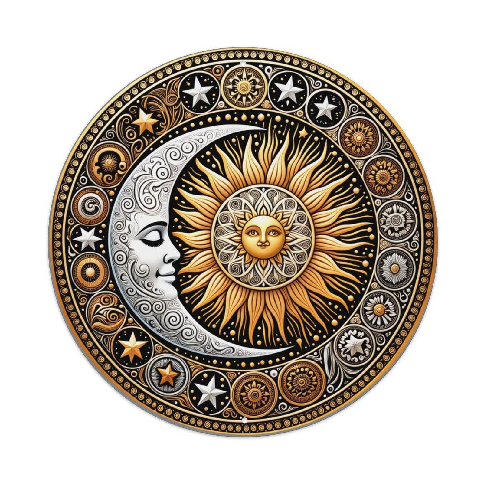 Sun And Moon Celestial Pattern_2 Round Tin Sign Retro Metal Sign for Cafe Bar Pub Home Game Room Gym Club Wall Decoration Vintage Metal Poster 8x8 Inch