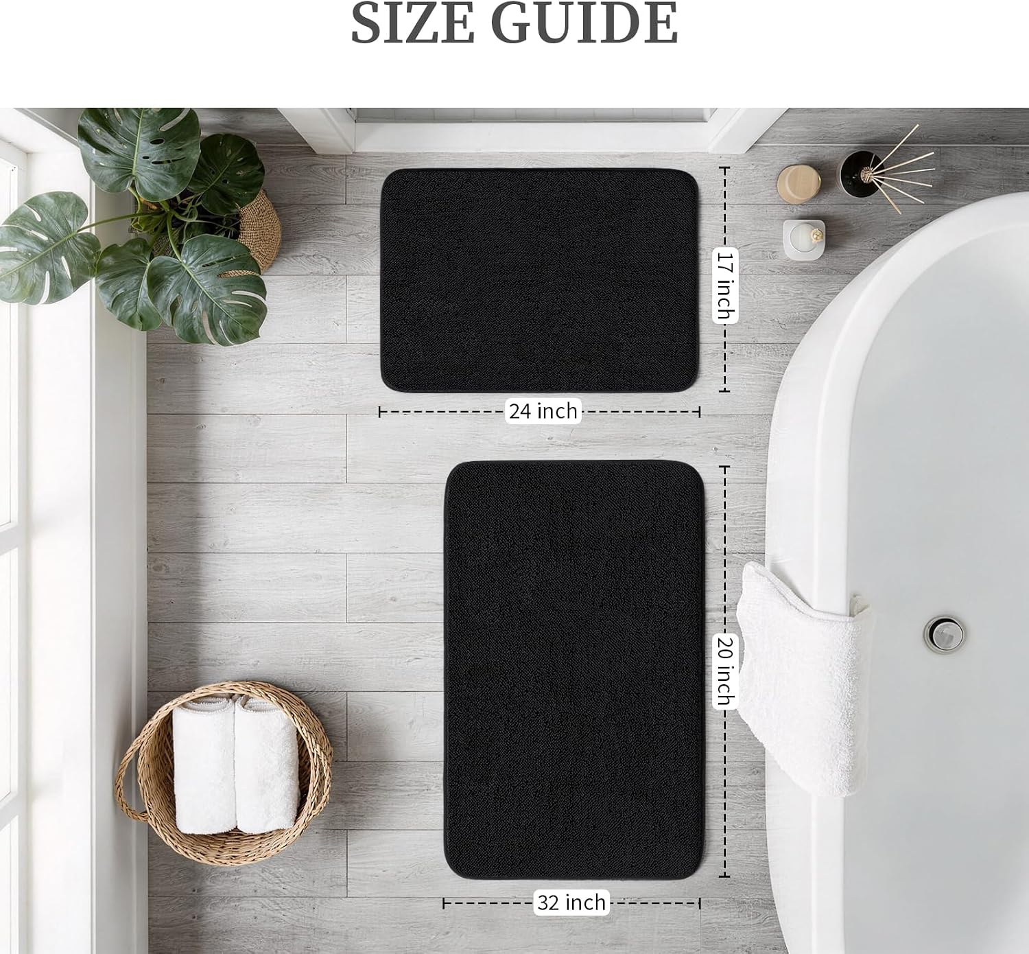 yihouse memory foam bathroom rugs sets 2 piece - extra thick soft towel-like absorbent bath mat set, non slip machine washable bath rugs carpet for bath, tub & shower (32"x20"+24"x17", black) 1'5" x 2' (17"x24"+20"x32") black